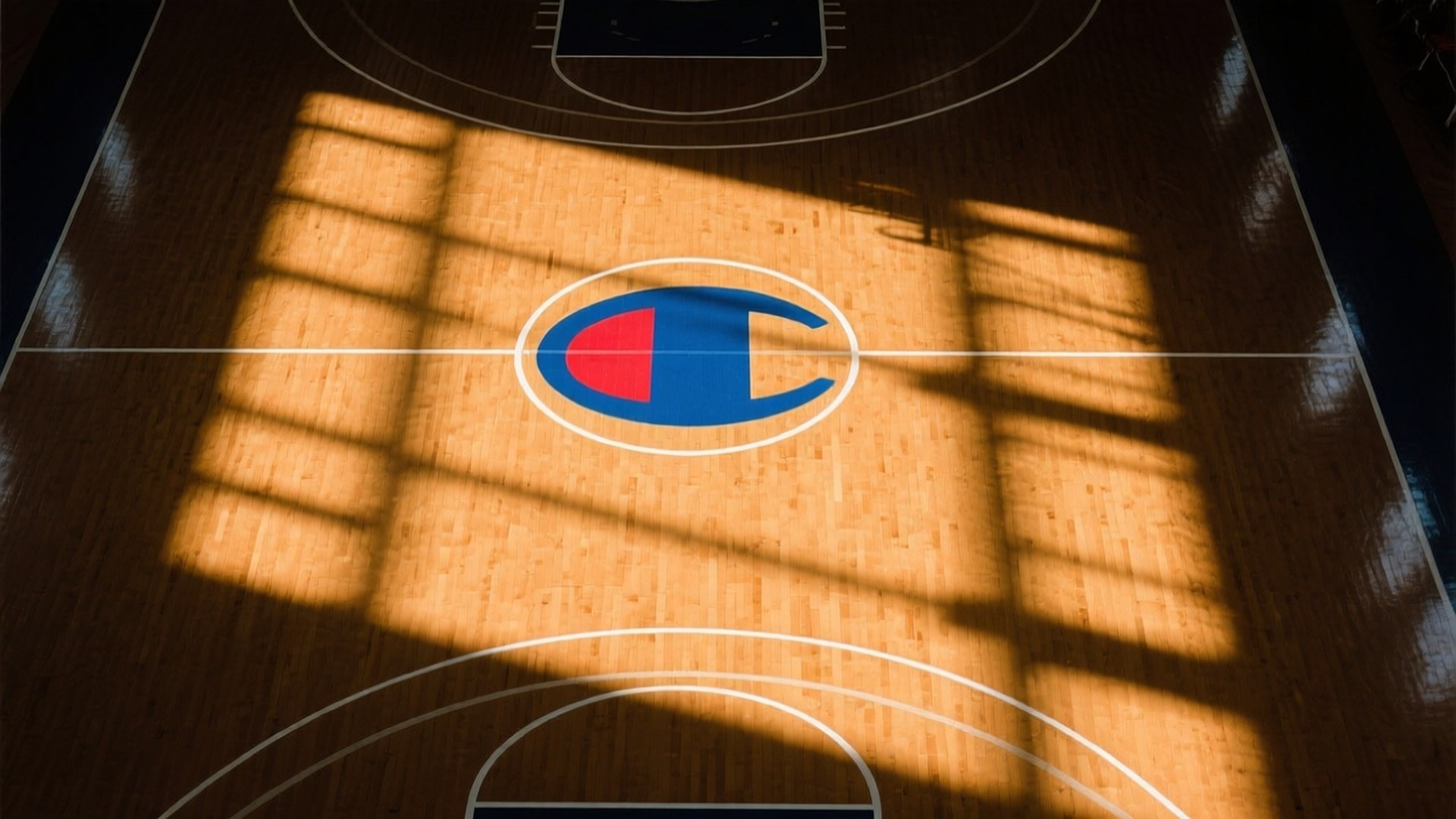 Champion logo, polished wooden basketball court, sunlight, Full HD Desktop Wallpaper
