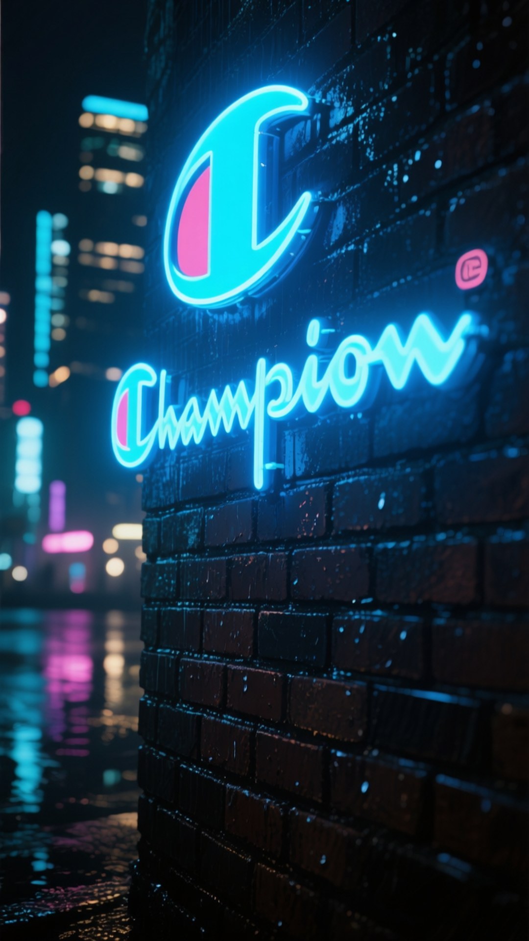 Neon Champion logo, blue and pink, wet brick wall, Full HD Phone Wallpaper