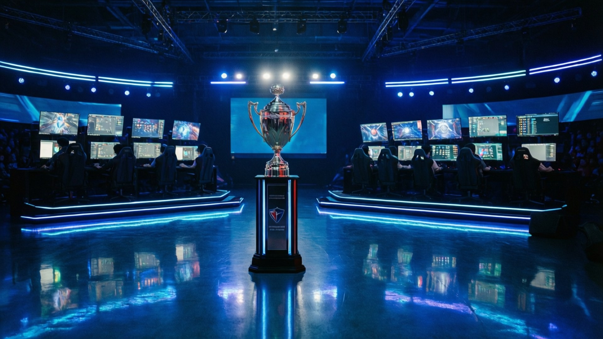 esports championship arena, glowing championship trophy, futuristic esports arena, Full HD Desktop Wallpaper