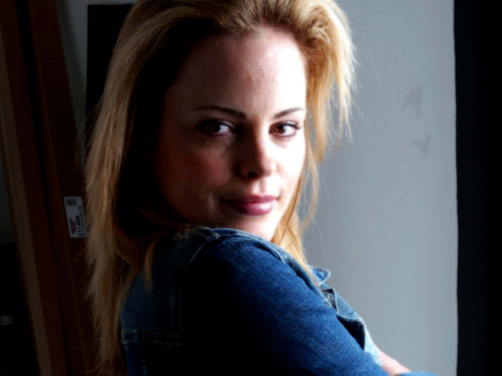 Chandra West, blonde hair, denim jacket, HD Desktop Wallpaper
