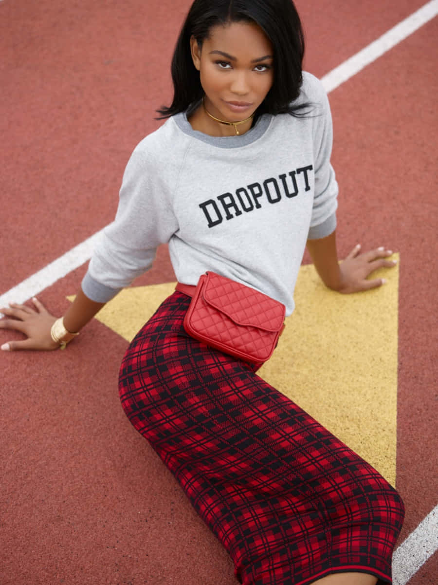 Chanel Iman, gray 'DROP OUT' sweatshirt, red plaid skirt, SD Phone Wallpaper