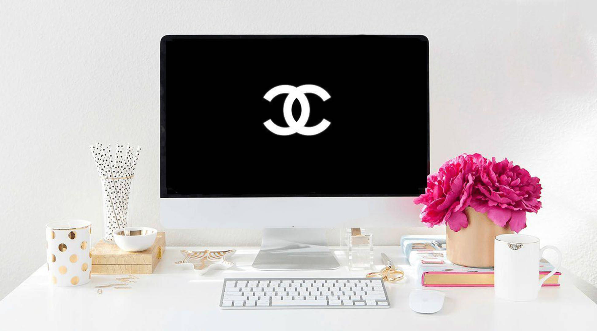 Chanel Logo, white desk, computer, Full HD Desktop Wallpaper