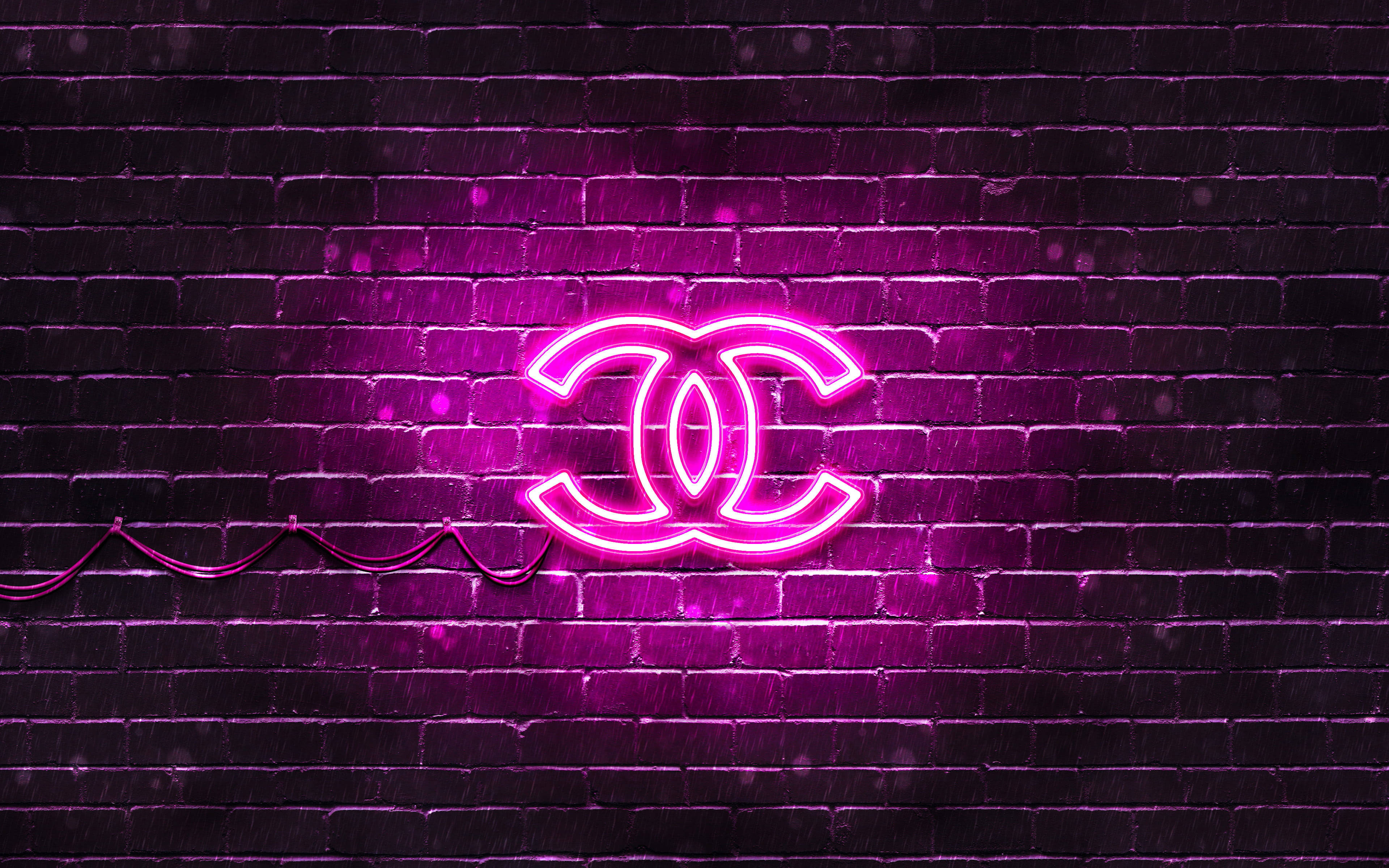Chanel Logo, pink neon, dark wet brick wall, 4K Desktop Wallpaper
