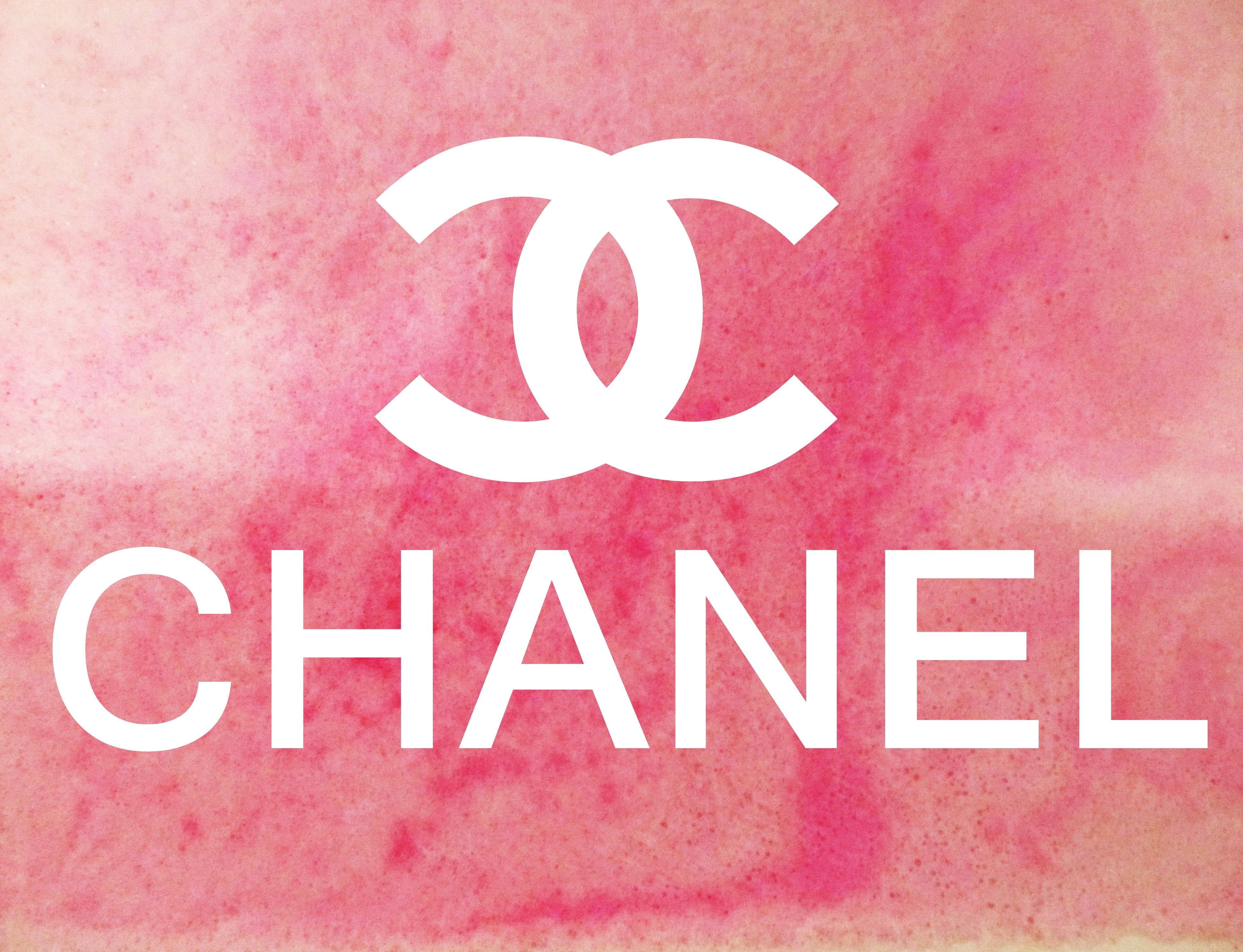 Chanel Logo, pink watercolor background, white text, 4K Desktop Wallpaper