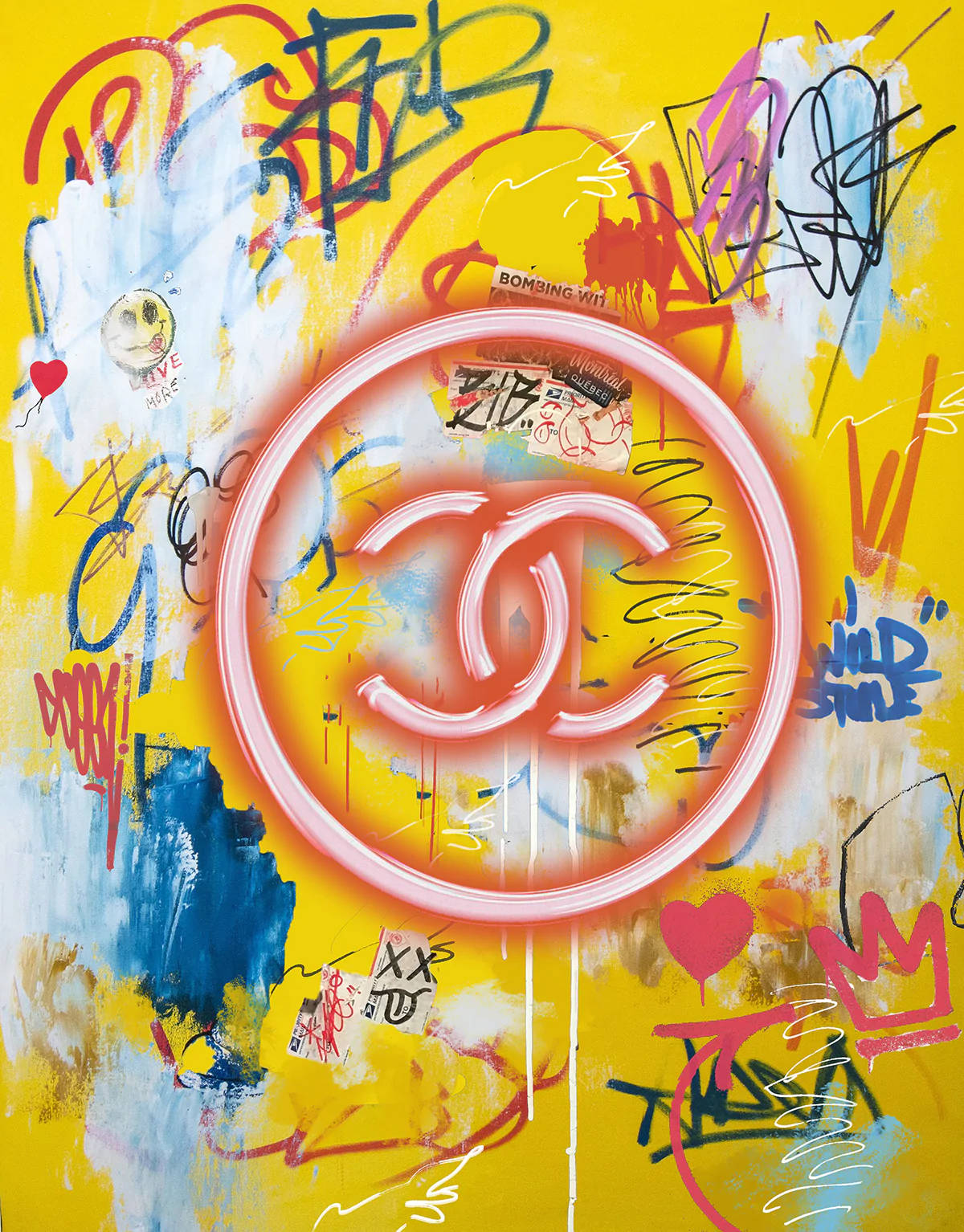 Chanel, glowing pink Chanel logo, vibrant yellow wall, HD Phone Wallpaper