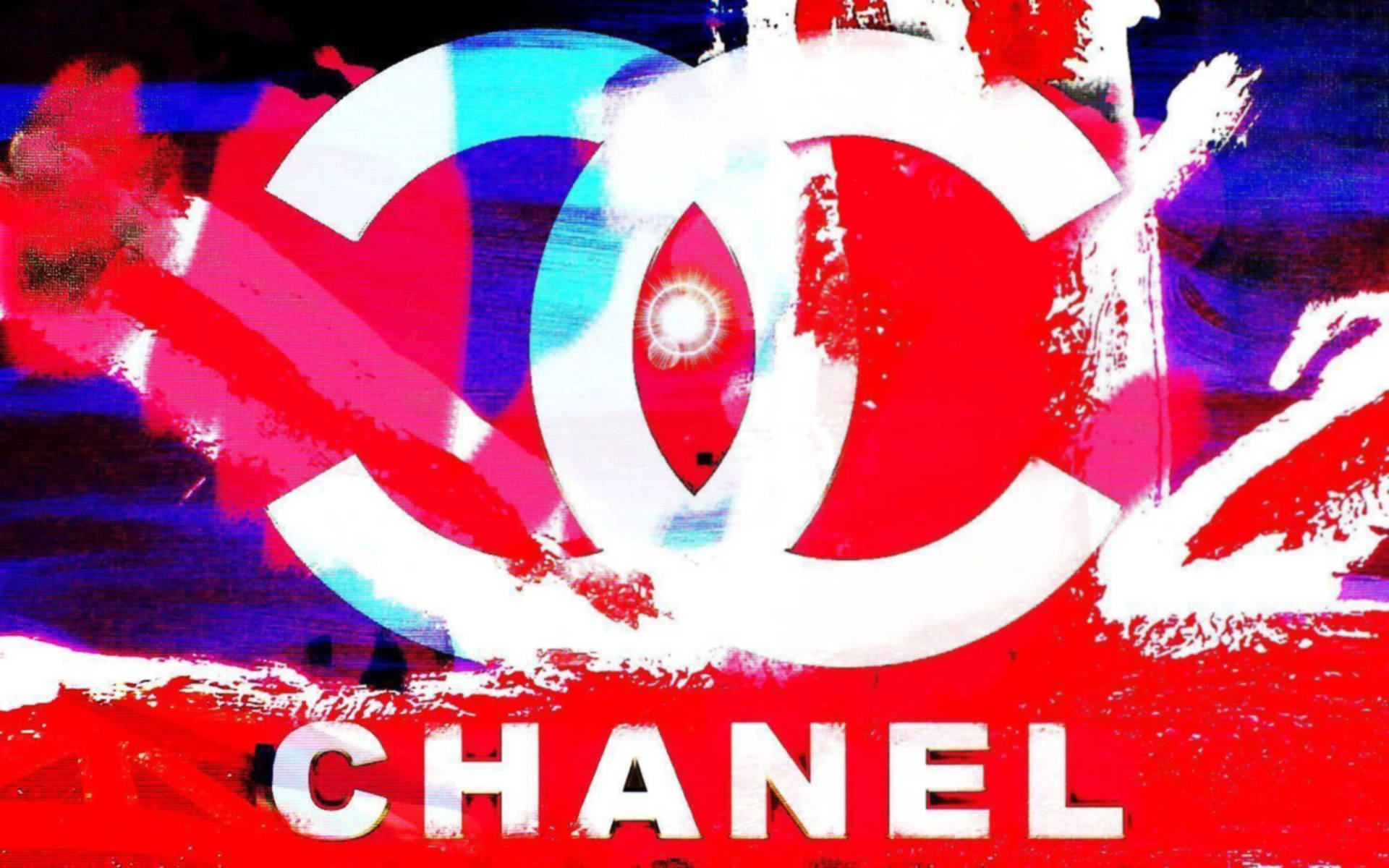 Chanel Logo, red blue and white paint splatters, glowing eye, Full HD Desktop Wallpaper