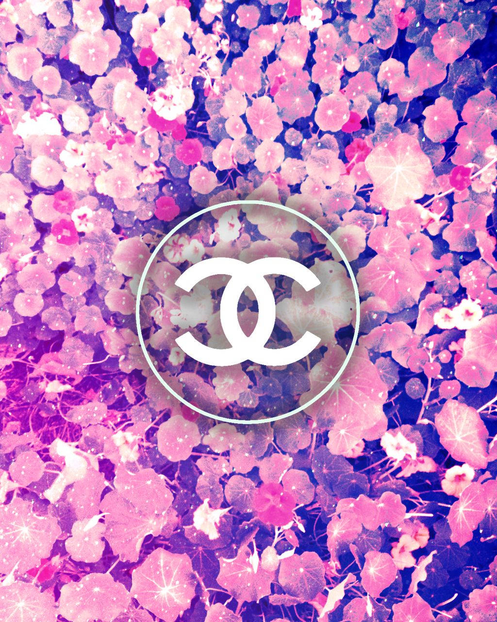 Pink Chanel Logo, white Chanel logo, vibrant pink and purple floral background, HD Phone Wallpaper