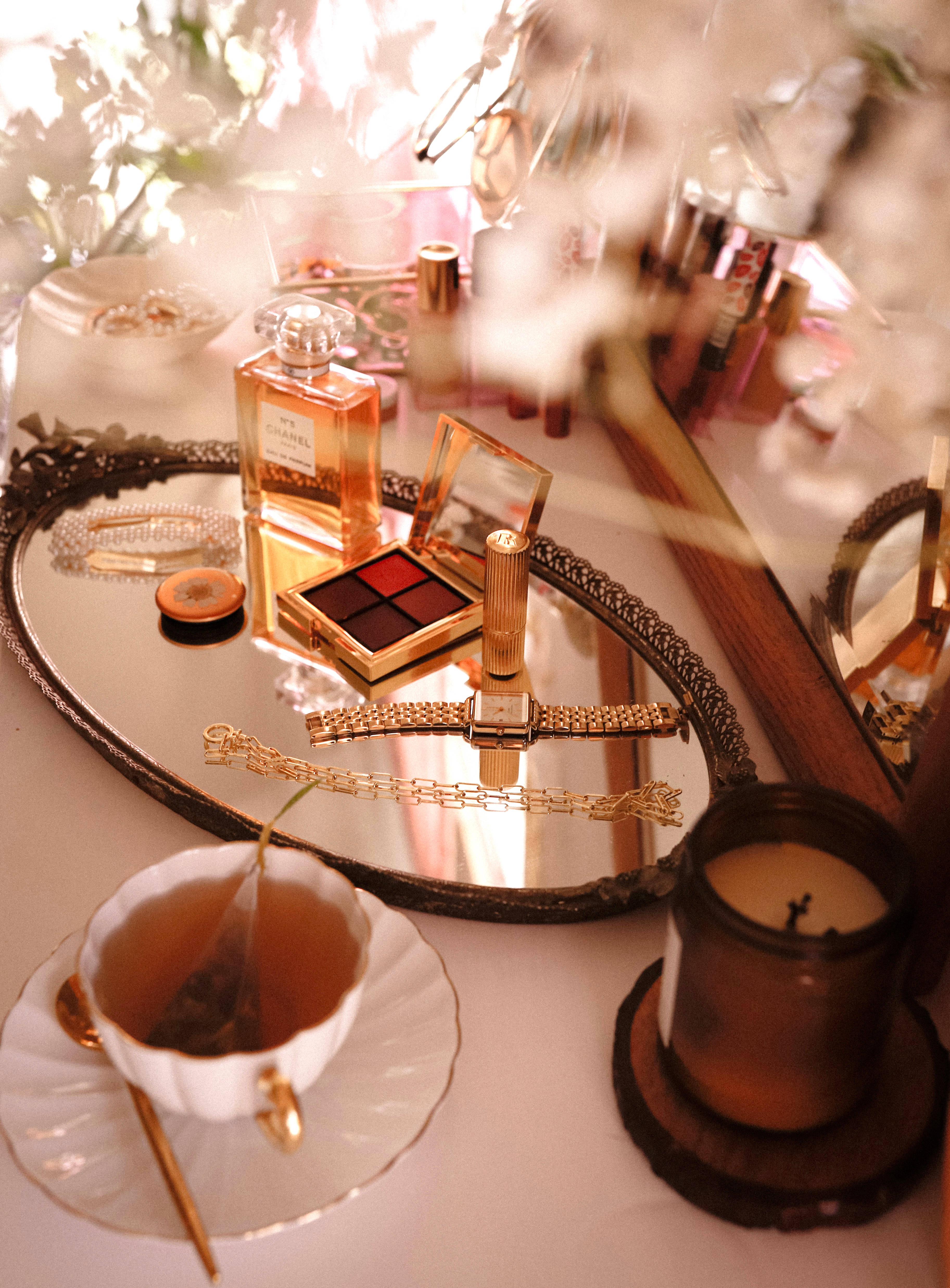 Chanel, cosmetics set, gold jewelry, 4K Phone Wallpaper