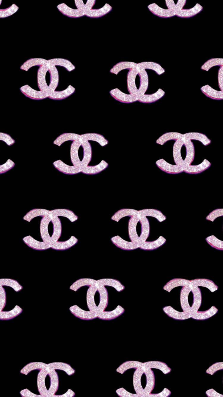 pink chanel logo, glitter, black background, HD Phone Wallpaper