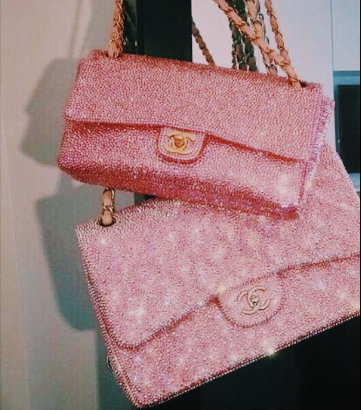 pink beaded Chanel handbags, gold hardware, plain wall, HD Phone Wallpaper