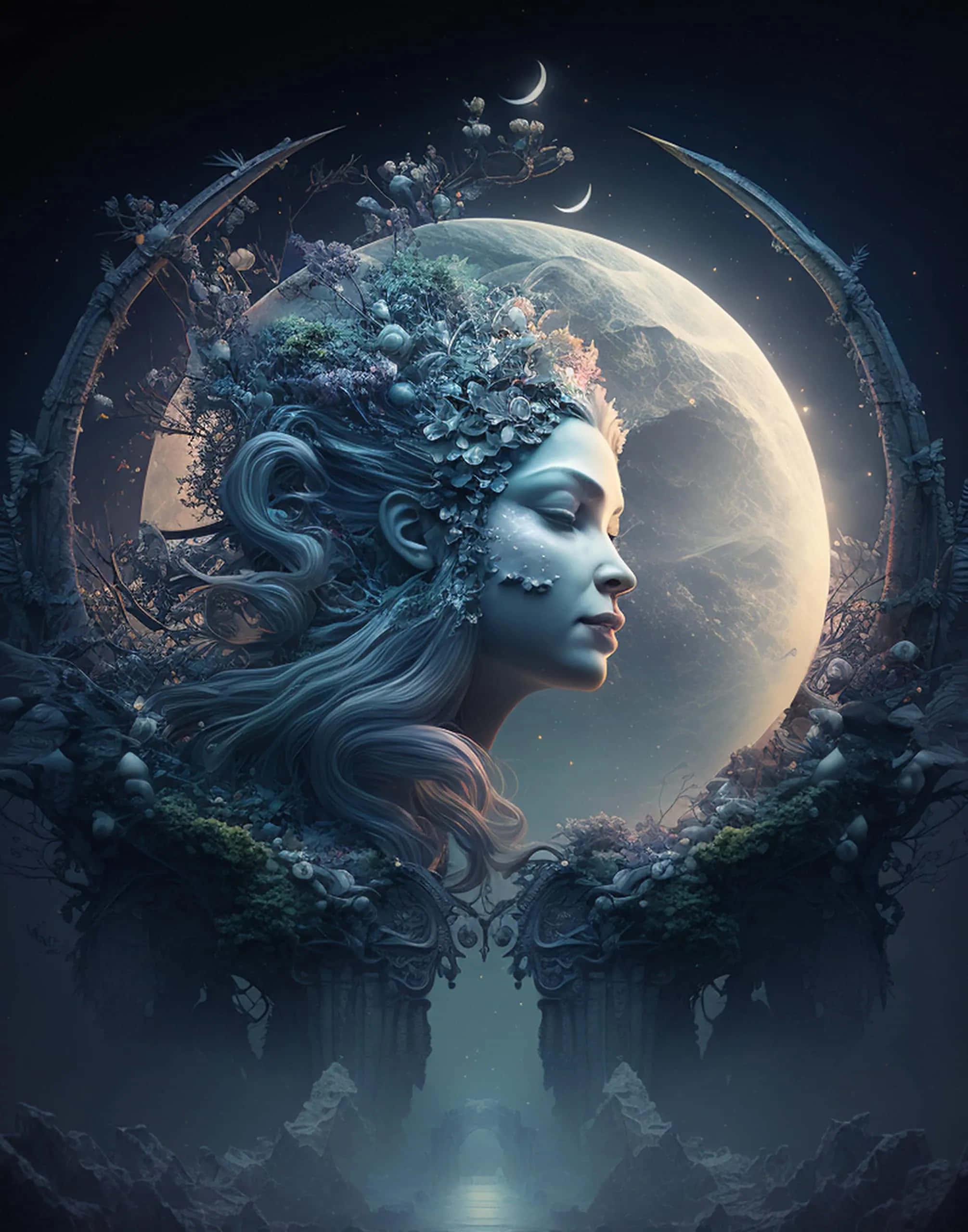 Moon Goddess, crescent moon, cosmic sphere, 2K Phone Wallpaper