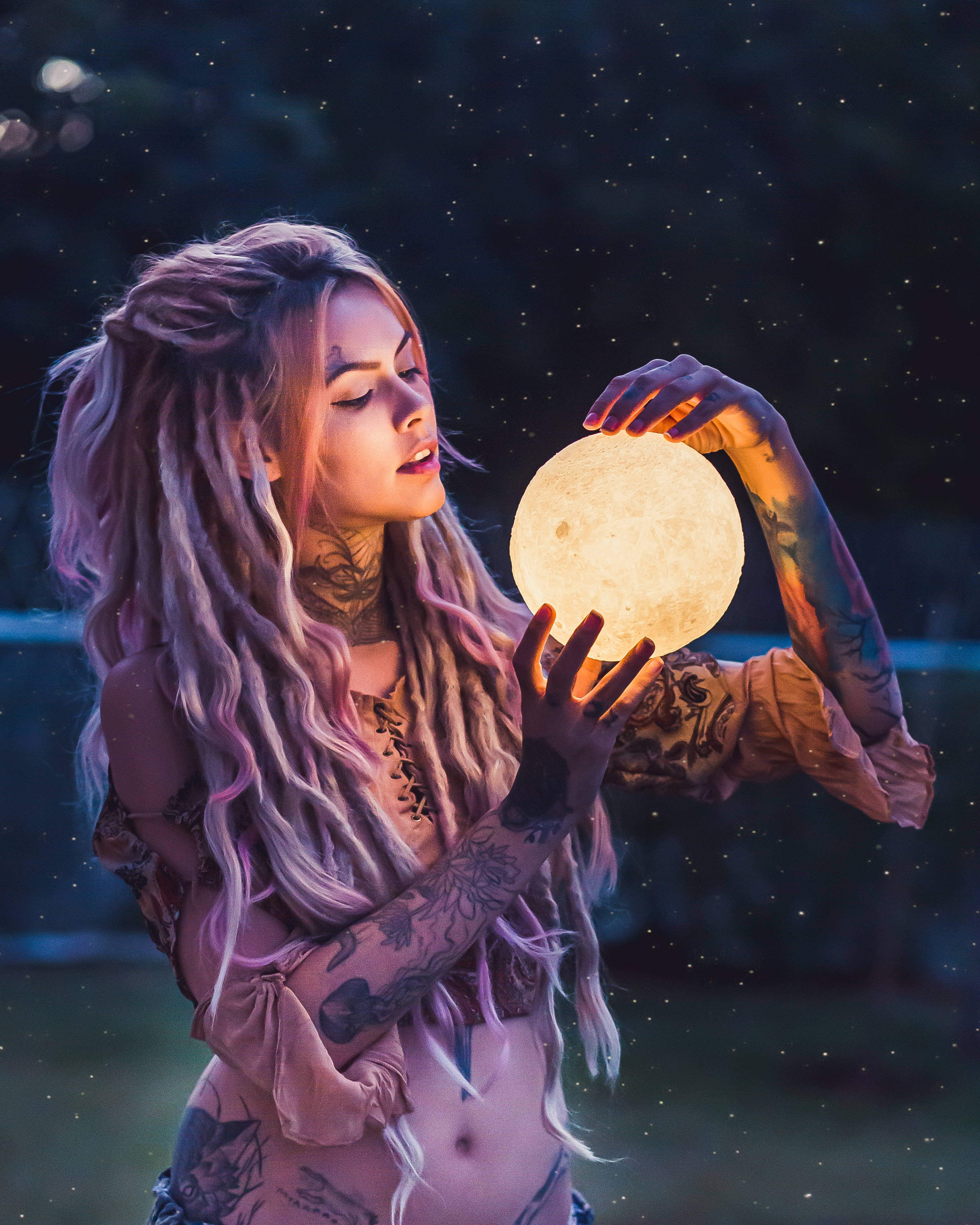 Sexy Female Moon, tattooed woman, long purple hair, 4K Phone Wallpaper