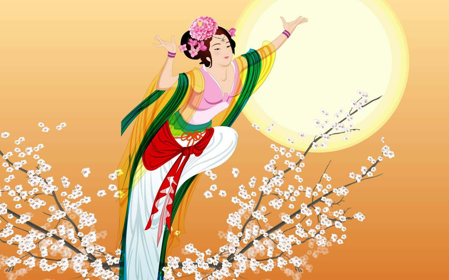 Chang'e Goddess Of The Moon, colorful traditional robes, blooming cherry blossoms, HD Desktop Wallpaper