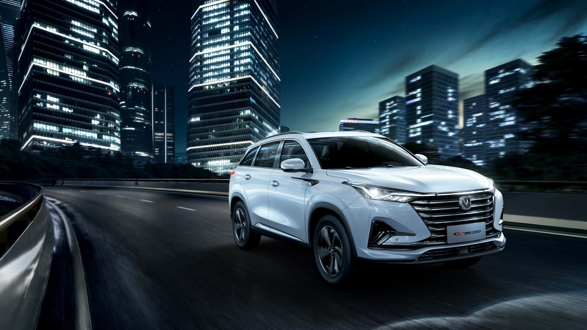 Changan Cs75, night city drive, white SUV, Full HD Desktop Wallpaper