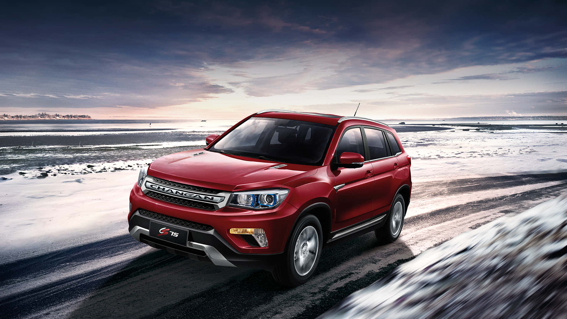 Changan CS75, glossy red, snowy coastal road, Full HD Desktop Wallpaper