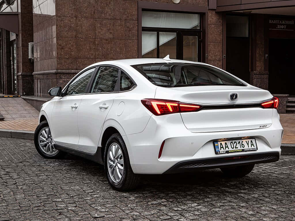 Changan Eado, white sedan, cobblestone street, SD Desktop Wallpaper