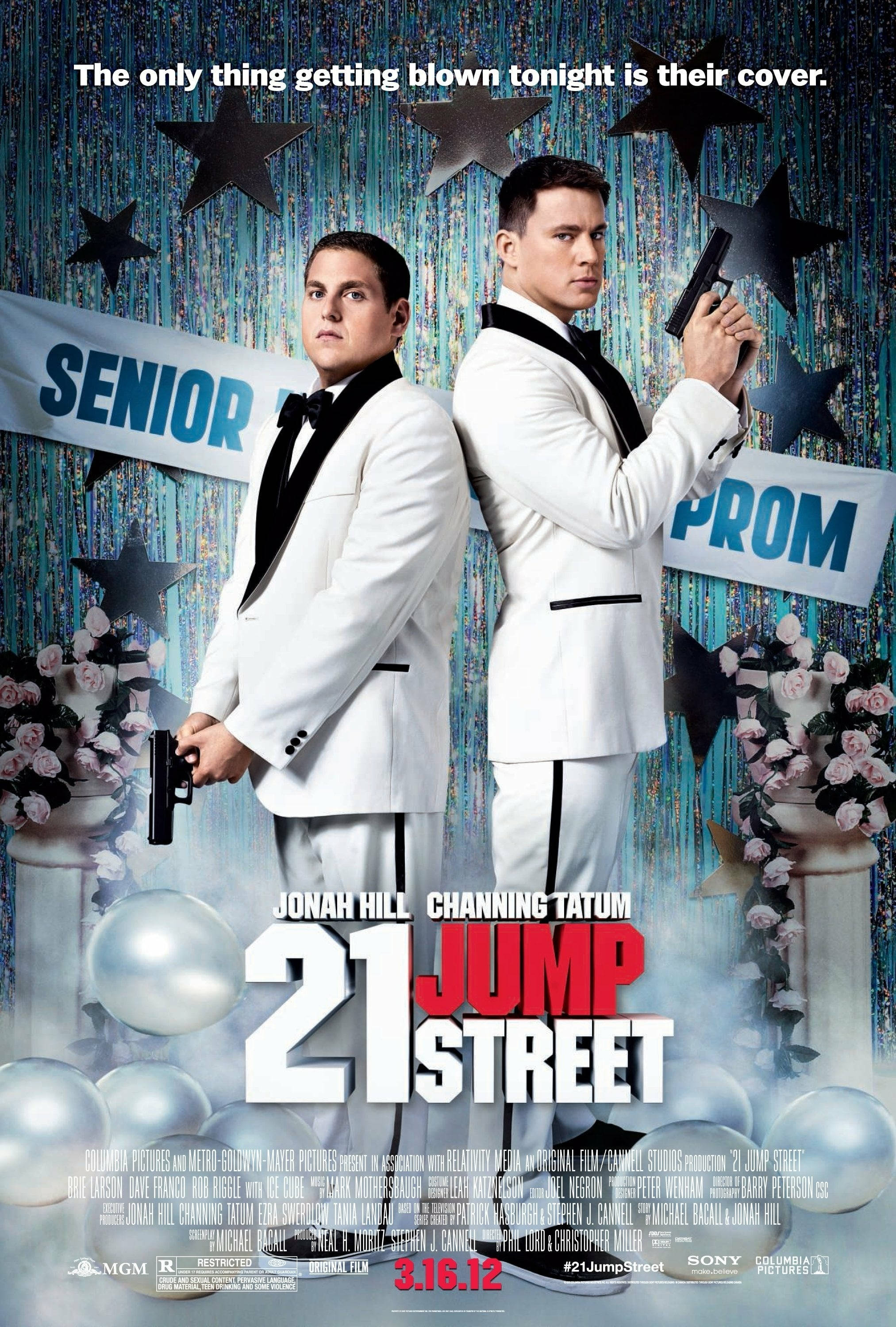 21 Jump Street, white tuxedos, glittering senior prom backdrop, 2K Phone Wallpaper