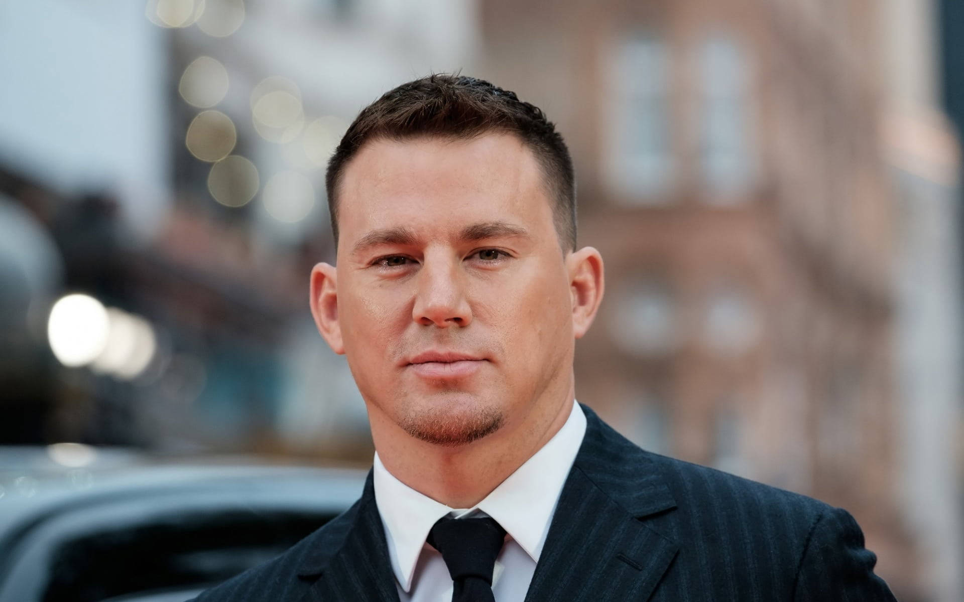 Channing Tatum, dark pinstripe suit, black tie, Full HD Desktop Wallpaper
