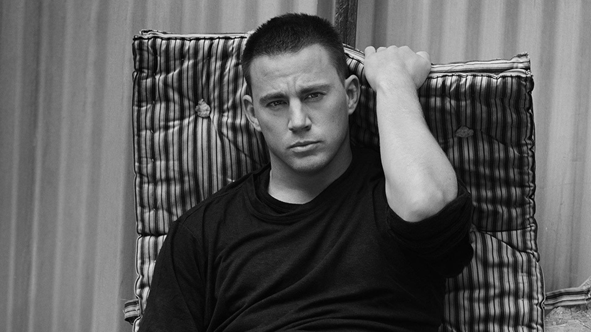 Channing Tatum, striped chair, black and white photo, Full HD Desktop Wallpaper