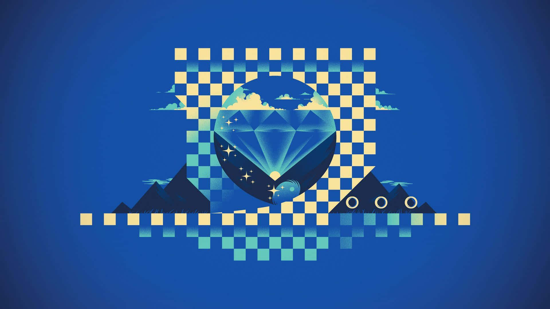 Chaos Emeralds, blue diamond globe, pixelated checkered clouds, Full HD Desktop Wallpaper