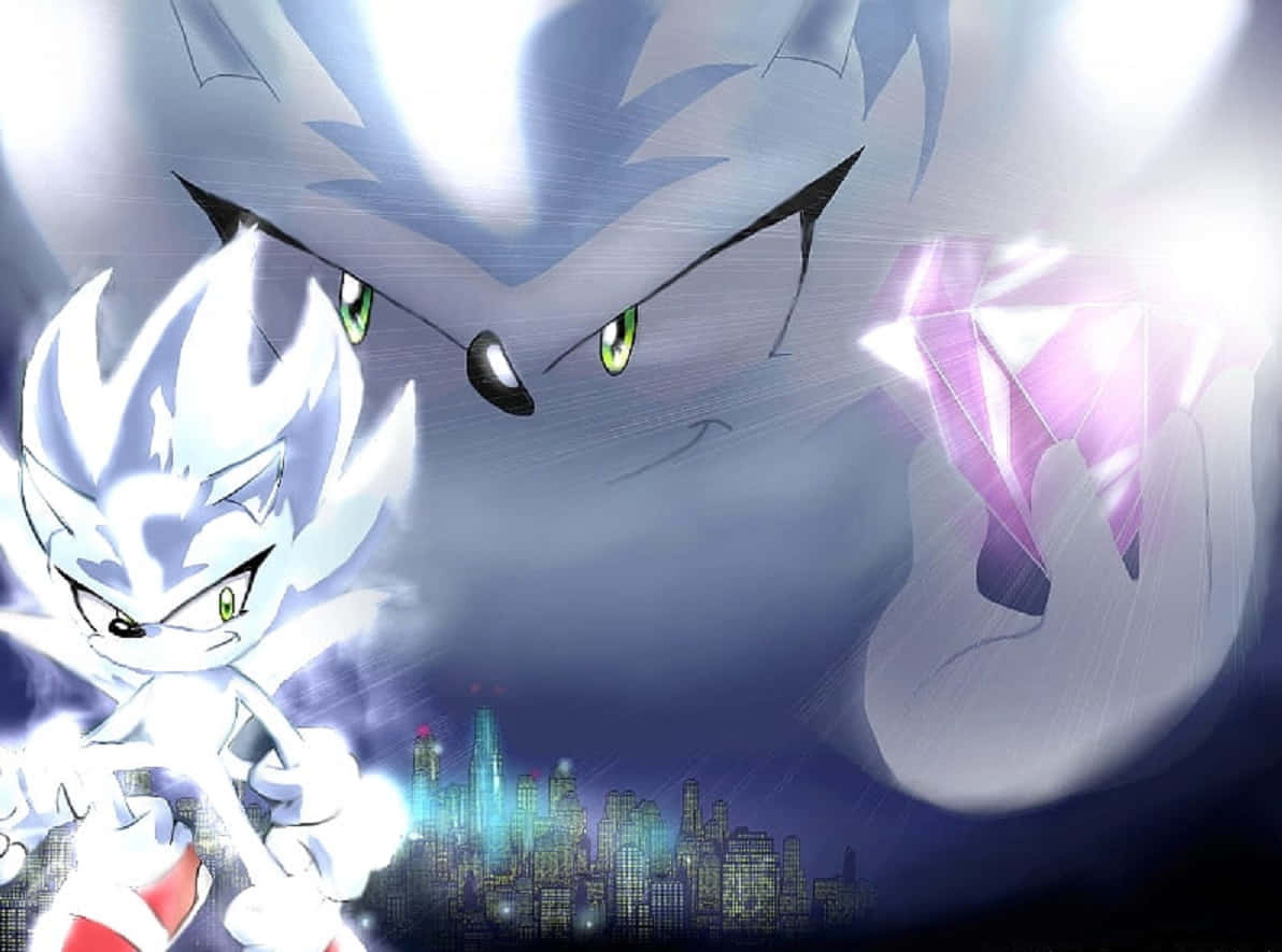 Chaos Emeralds, glowing white hedgehog, shadowy figure, SD Desktop Wallpaper