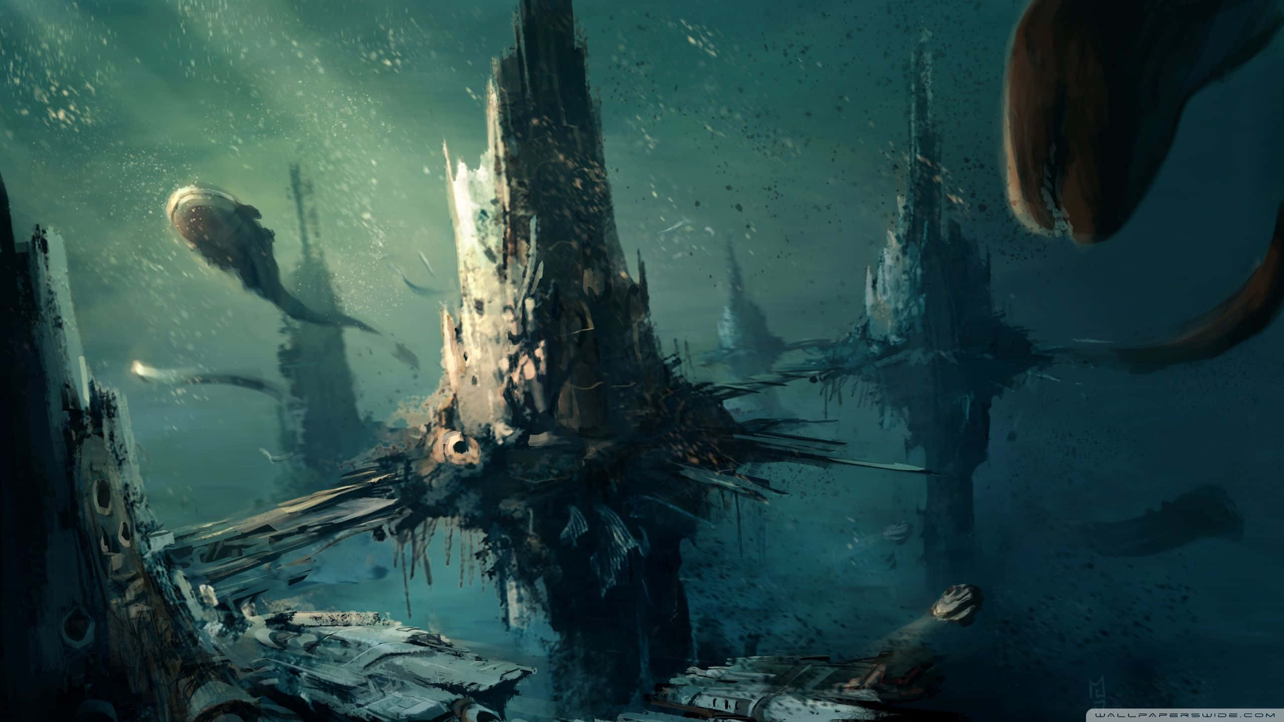 Chaotic, underwater scene, futuristic ruins, 2K Desktop Wallpaper