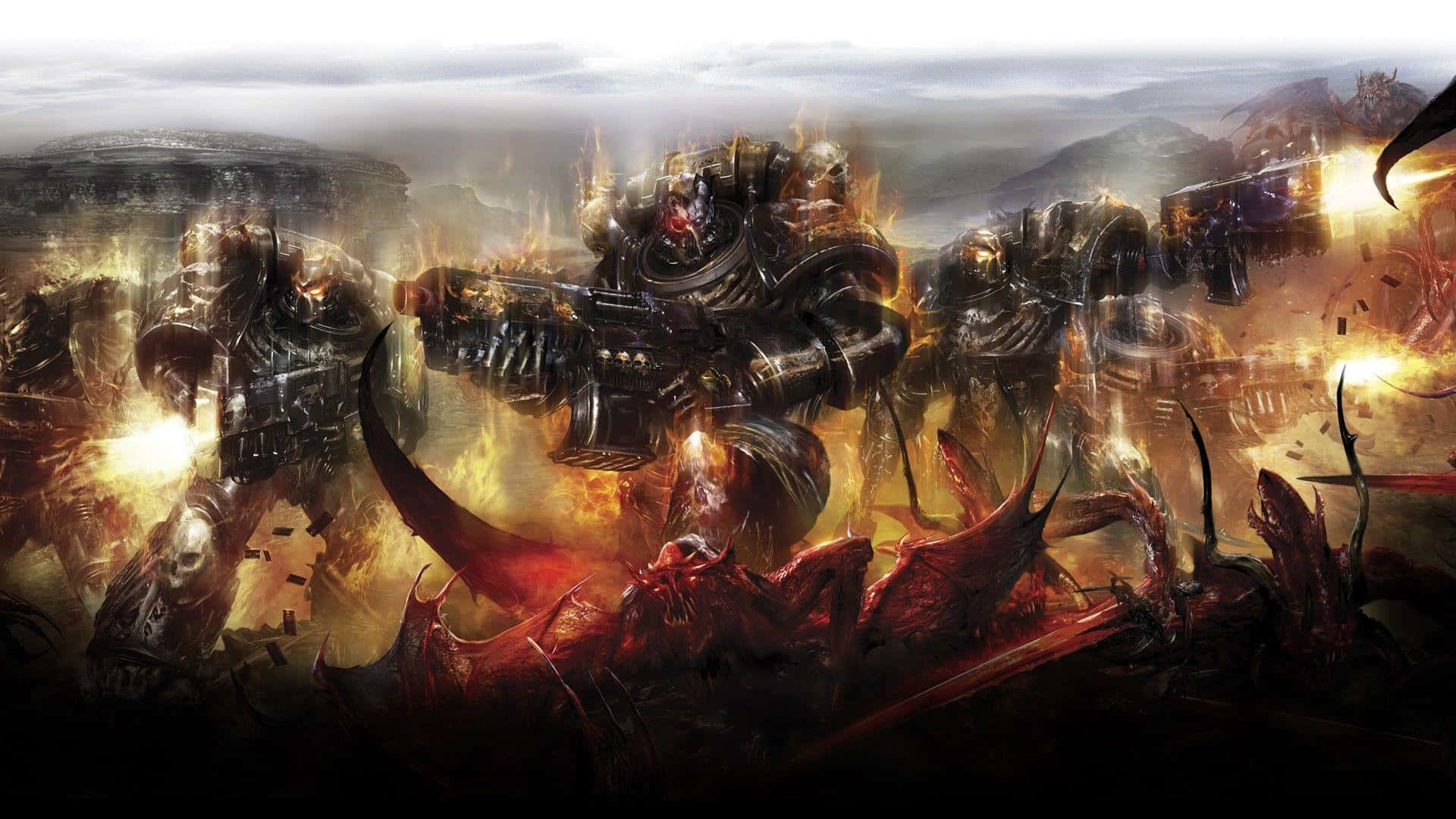 Chaotic, armored warriors, monstrous red creatures, Full HD Desktop Wallpaper