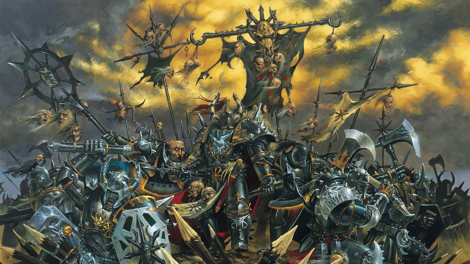 Chaotic, armored warriors, monstrous creatures, Full HD Desktop Wallpaper