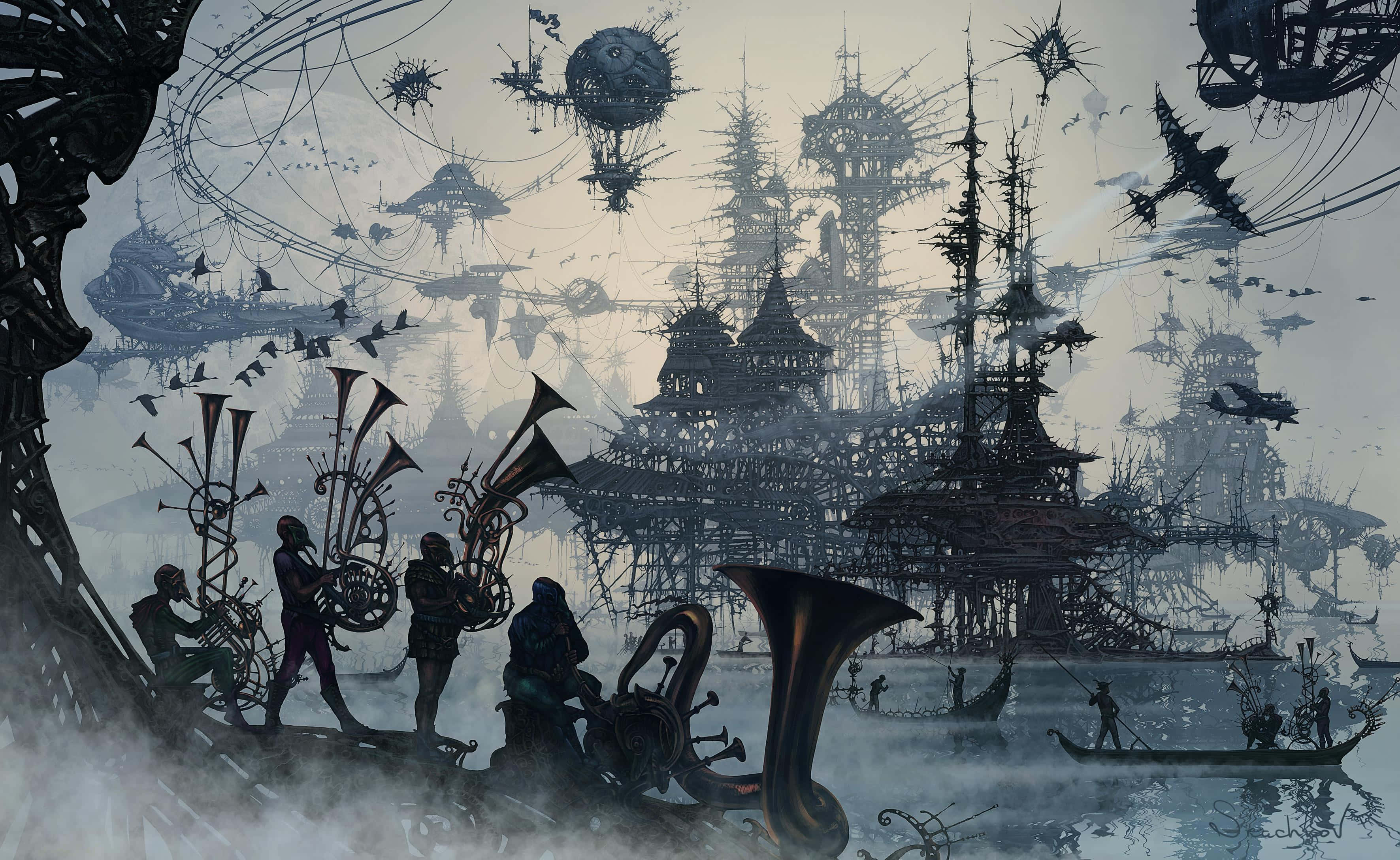 Chaotic, misty floating cityscape, intricate towers, 2K Desktop Wallpaper