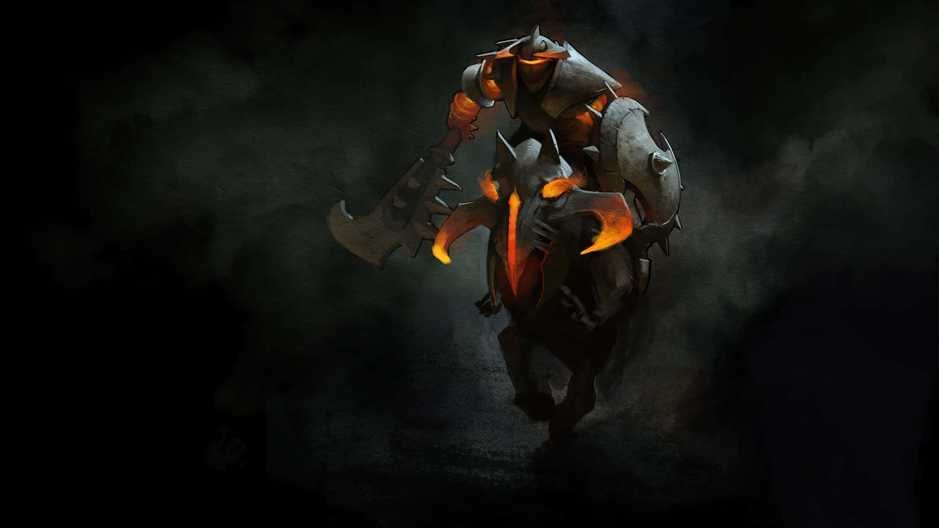 dark armored warrior, glowing orange flames, smoky shadows, Full HD Desktop Wallpaper