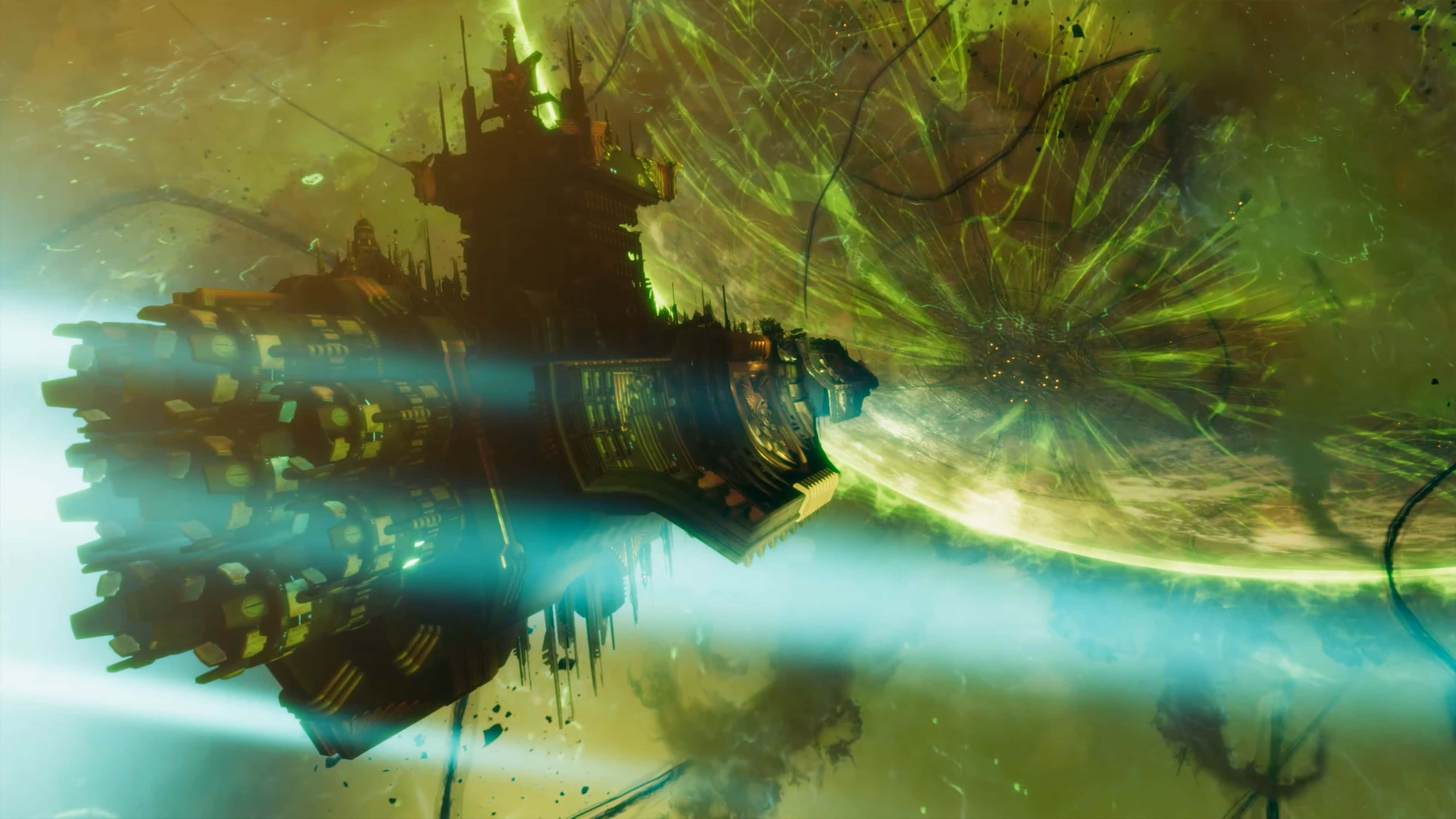 futuristic spaceship, glowing green and blue energy beams, swirling cosmic nebula, 4K Desktop Wallpaper