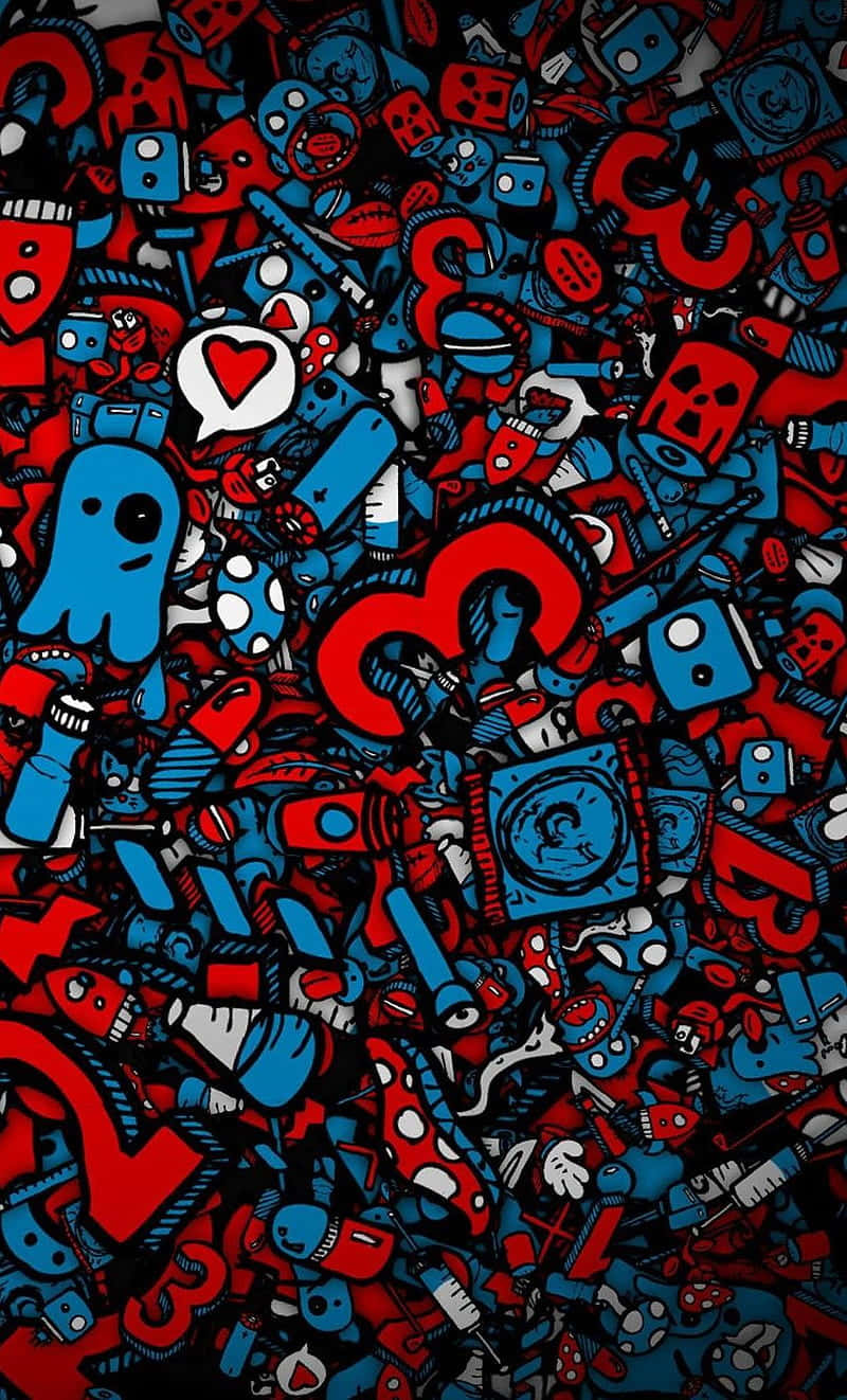 black background, red and blue doodles, cartoon robots, HD Phone Wallpaper