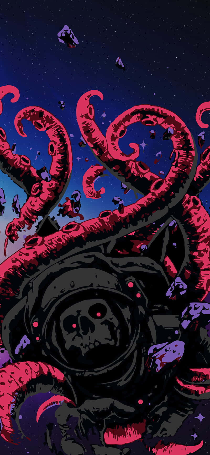 black and pink octopus, skull-faced astronaut, massive red tentacles, HD Phone Wallpaper
