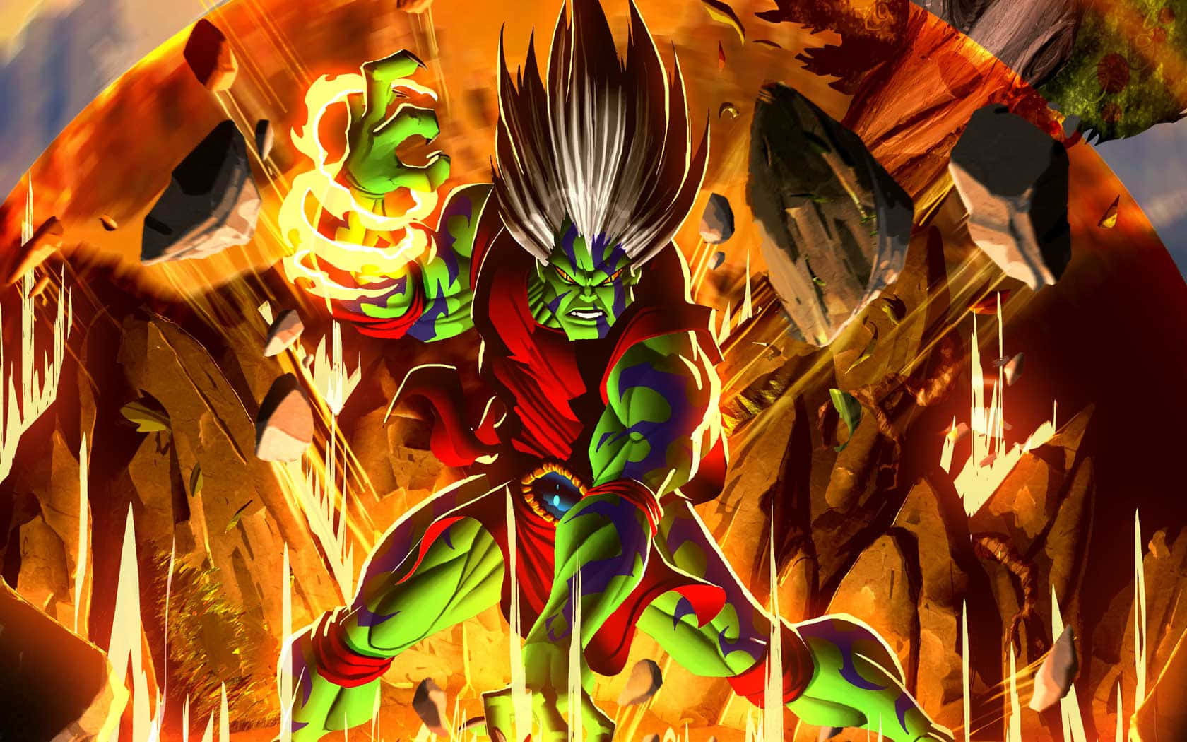 green-skinned anime warrior, spiky hair, fiery energy, HD Desktop Wallpaper