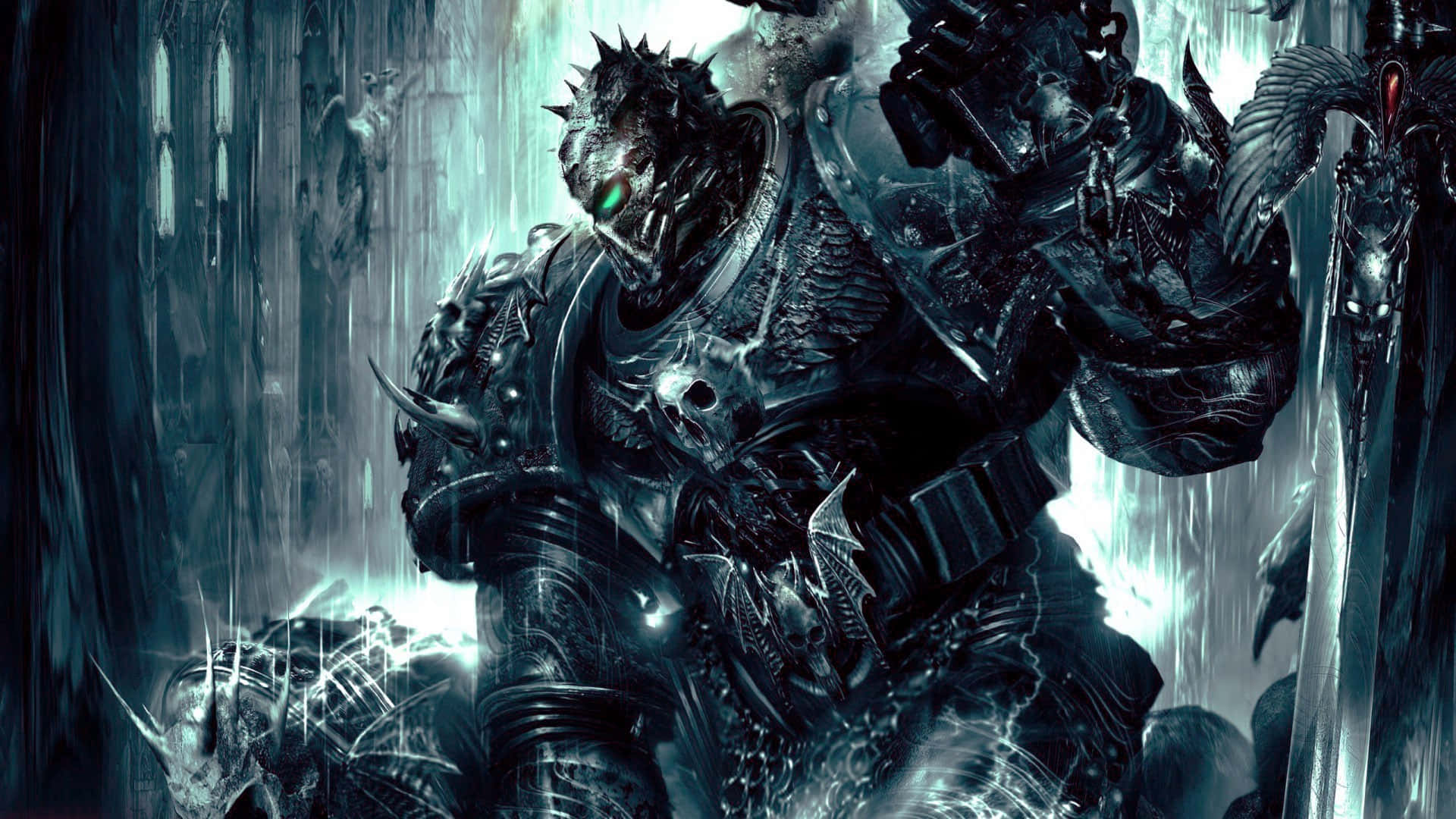 demon, sword, glowing green eyes, Full HD Desktop Wallpaper