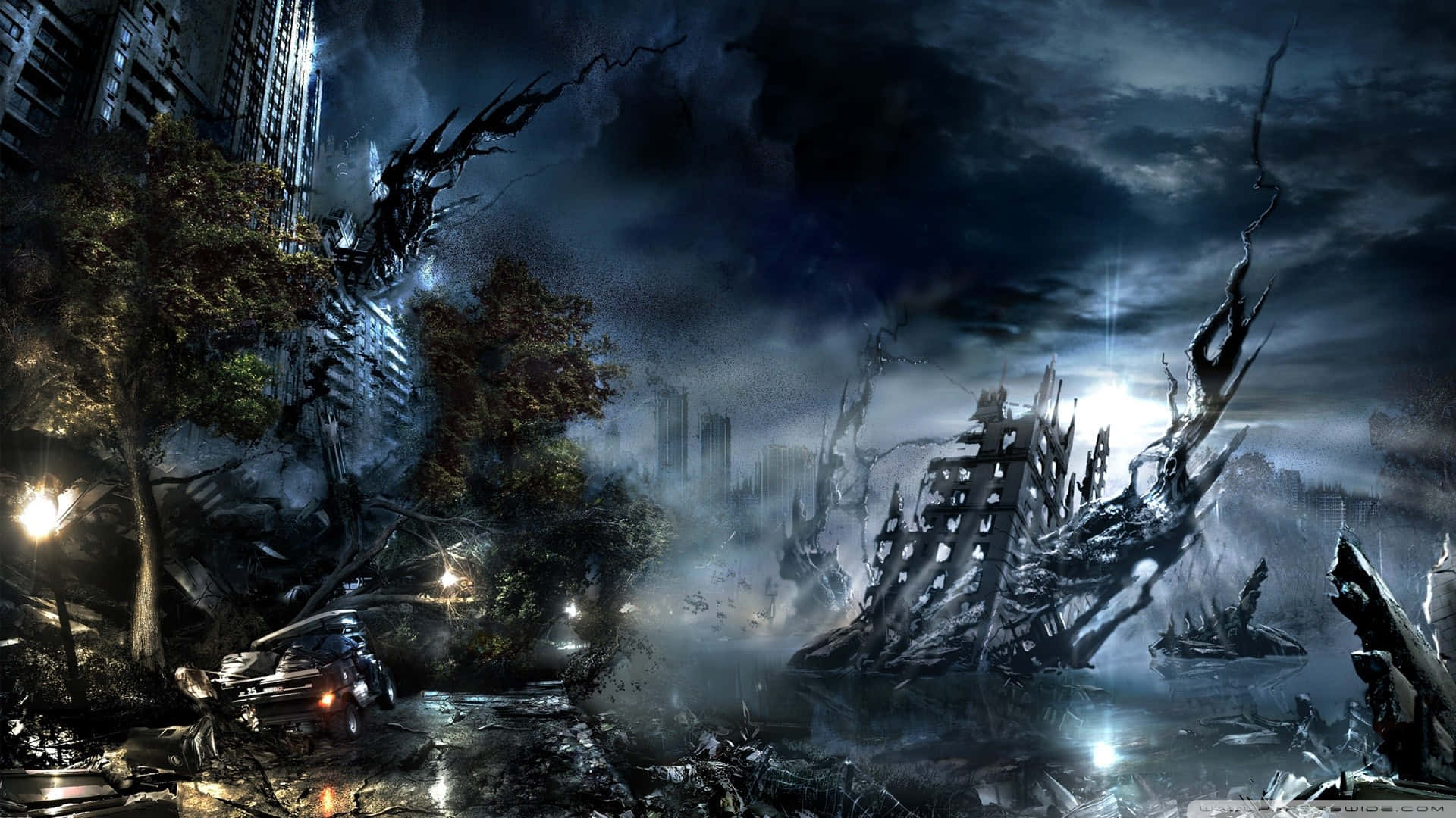 Chaotic, dark fantasy cityscape, night, Full HD Desktop Wallpaper