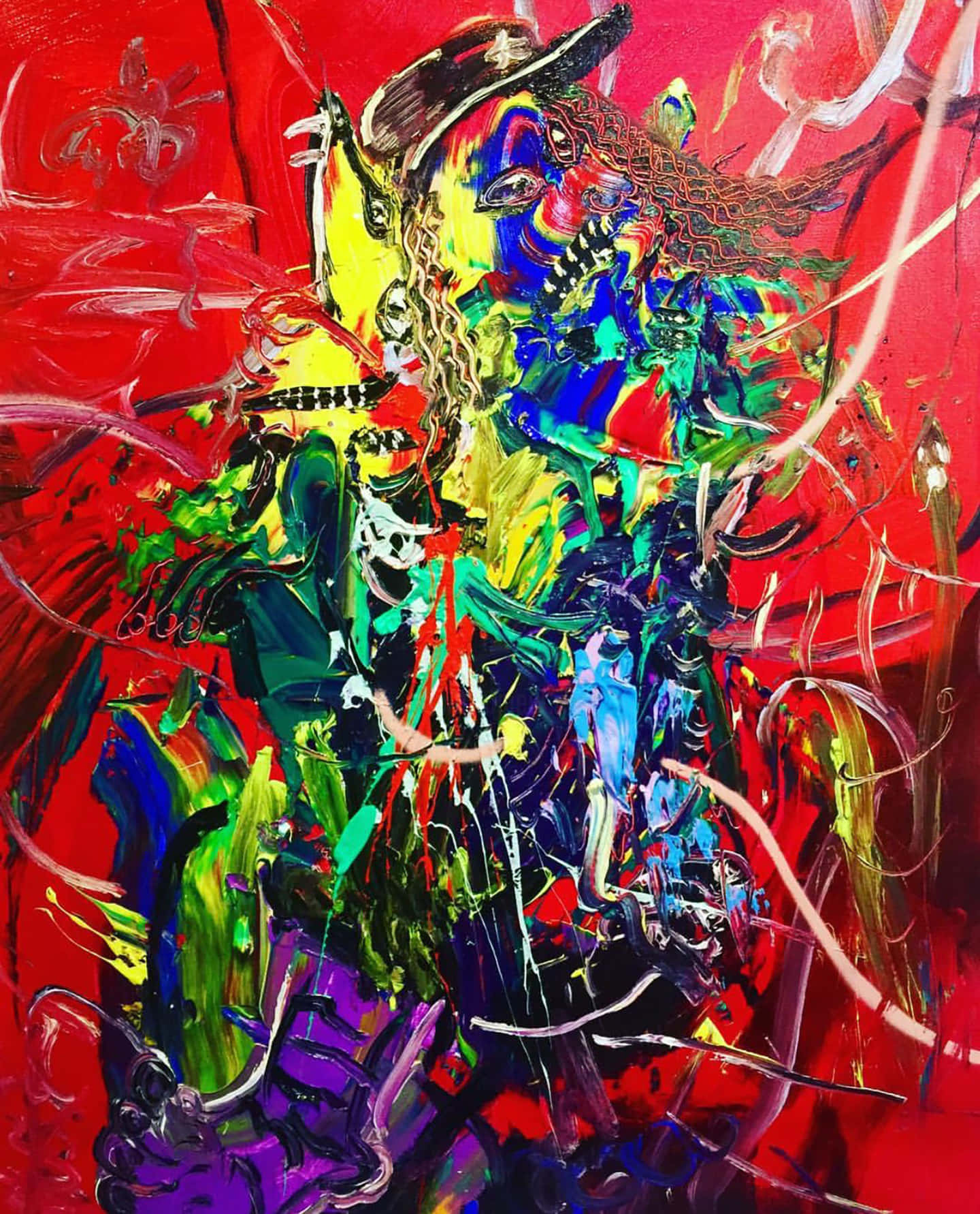 red background, colorful abstract shapes, distorted human figure, HD Phone Wallpaper