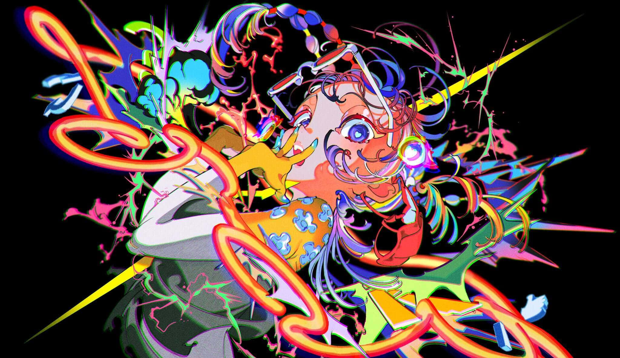 vibrant anime chaos, glowing eyes, neon streaks, Full HD Desktop Wallpaper