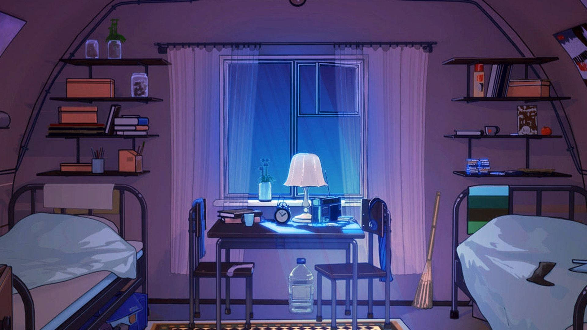 Chaotic, anime-style dorm room, night, Full HD Desktop Wallpaper