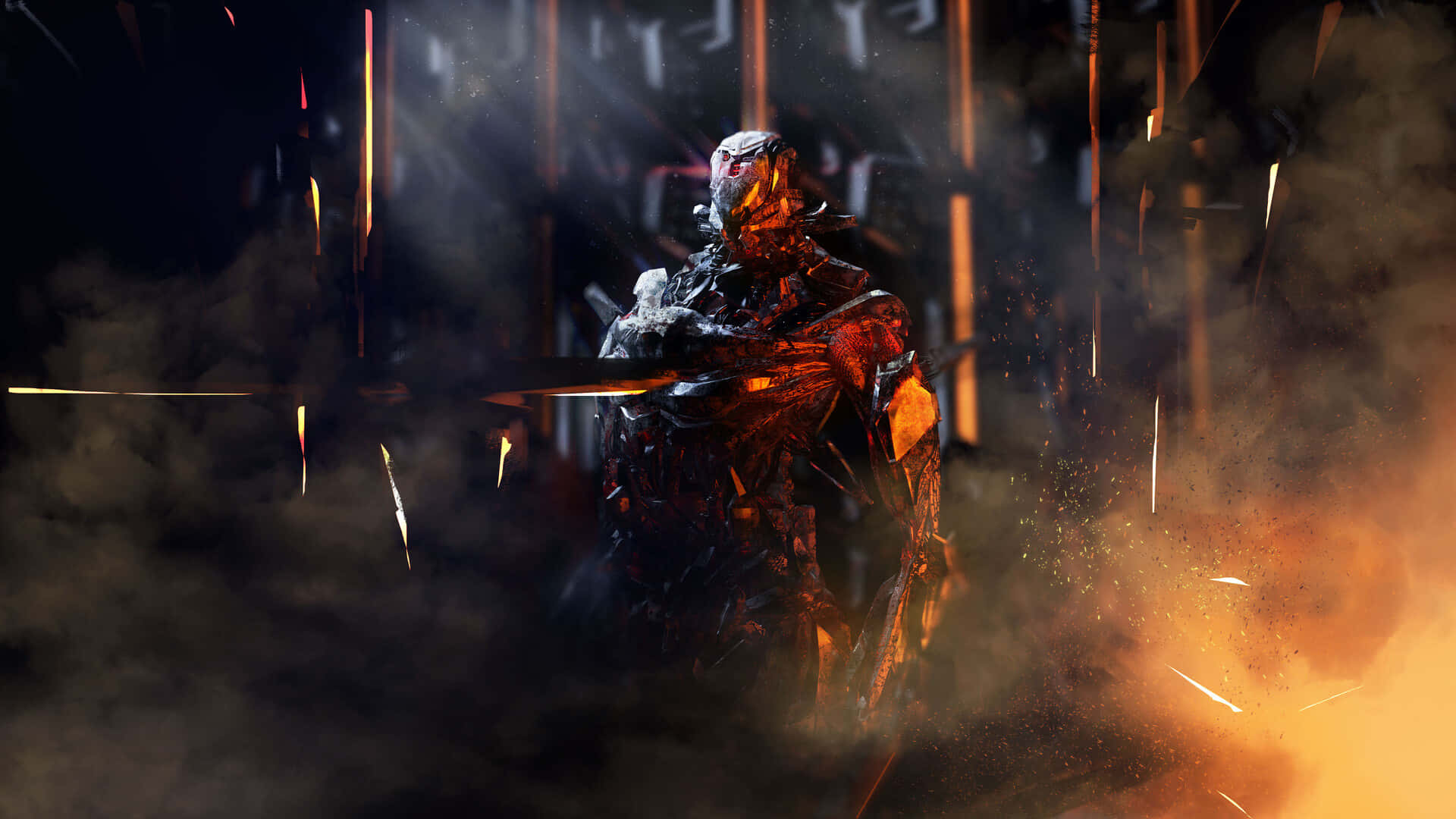 futuristic warrior, glowing orange light, smoke and fire, Full HD Desktop Wallpaper
