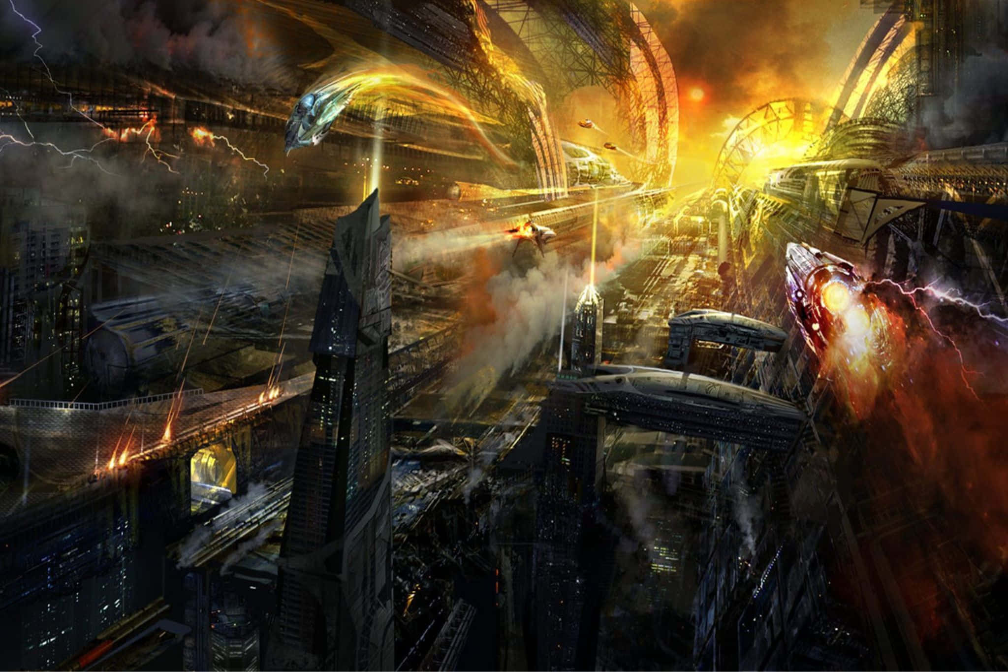 futuristic cityscape, chaos, flying vehicles, Full HD Desktop Wallpaper