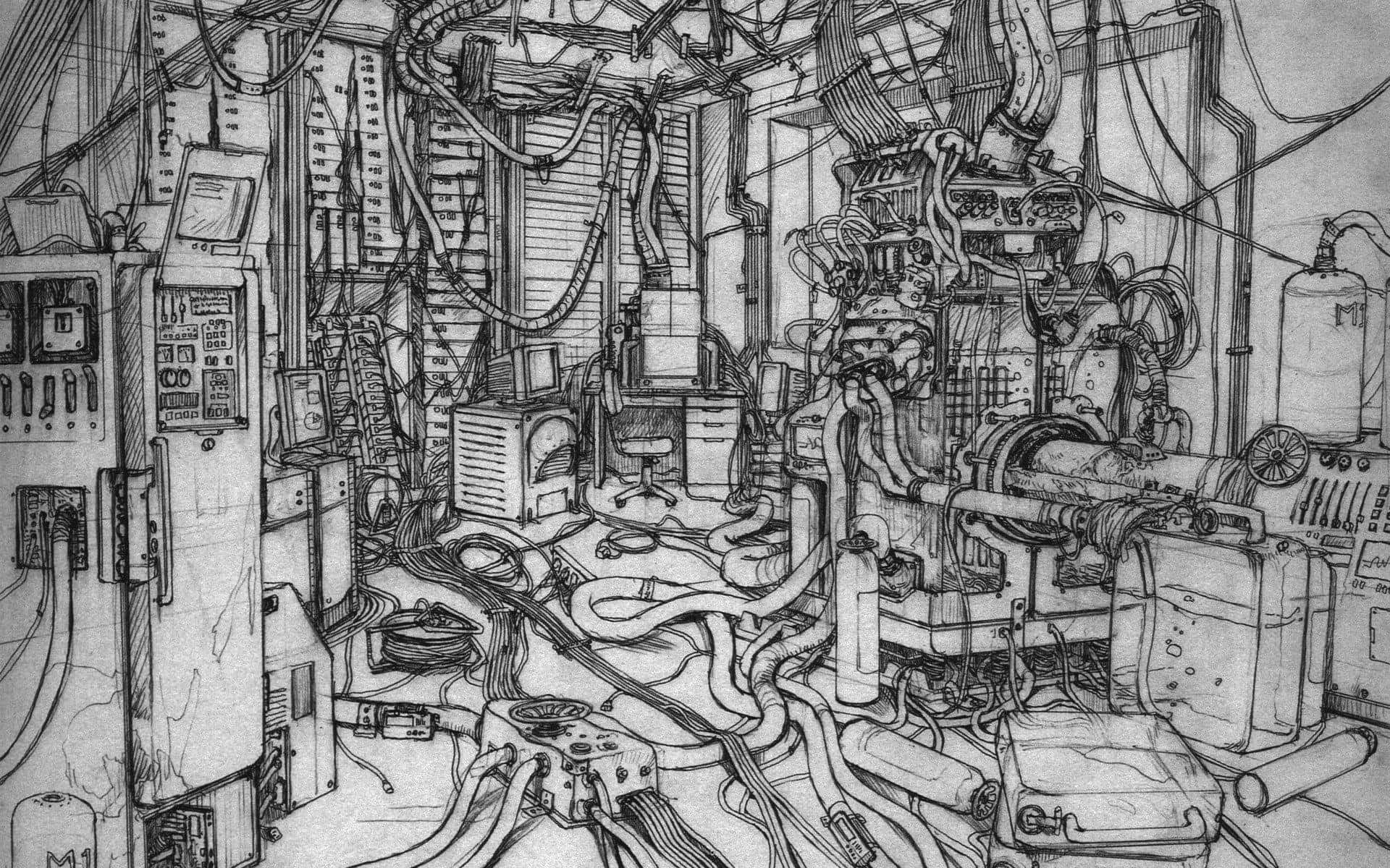 chaotic, black and white sketch, cluttered sci-fi lab, Full HD Desktop Wallpaper