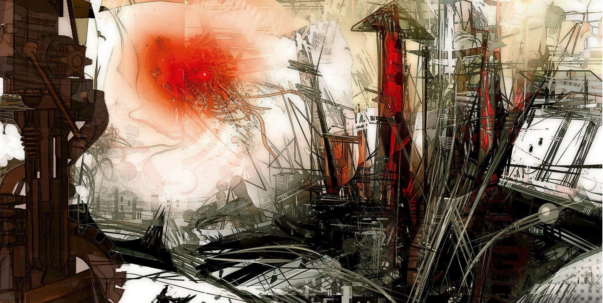 abstract urban chaos, tangled metal structures, vivid red explosion, Full HD Desktop Wallpaper