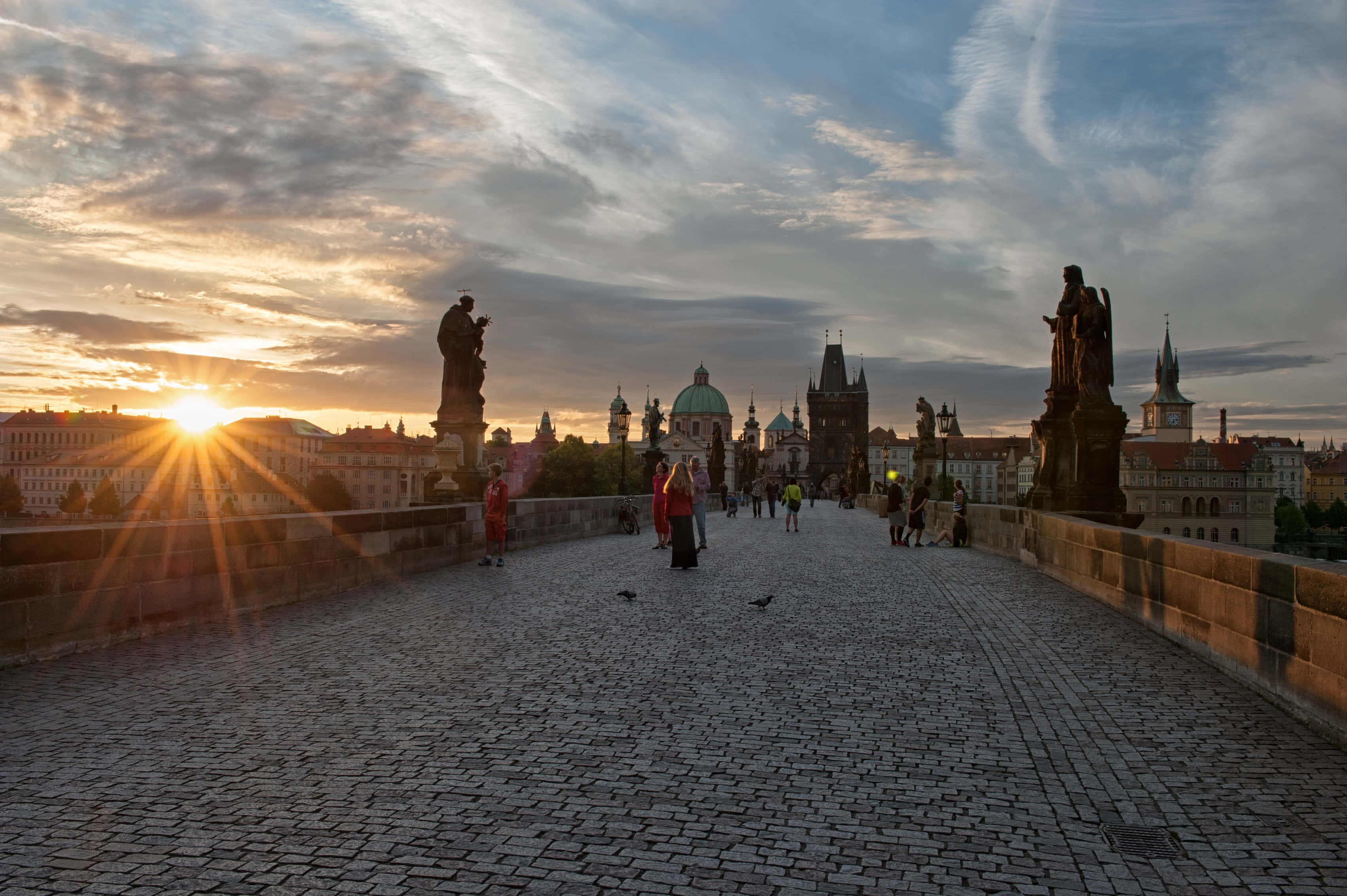 Charles Bridge, Sun Rising, statues, 2K Desktop Wallpaper