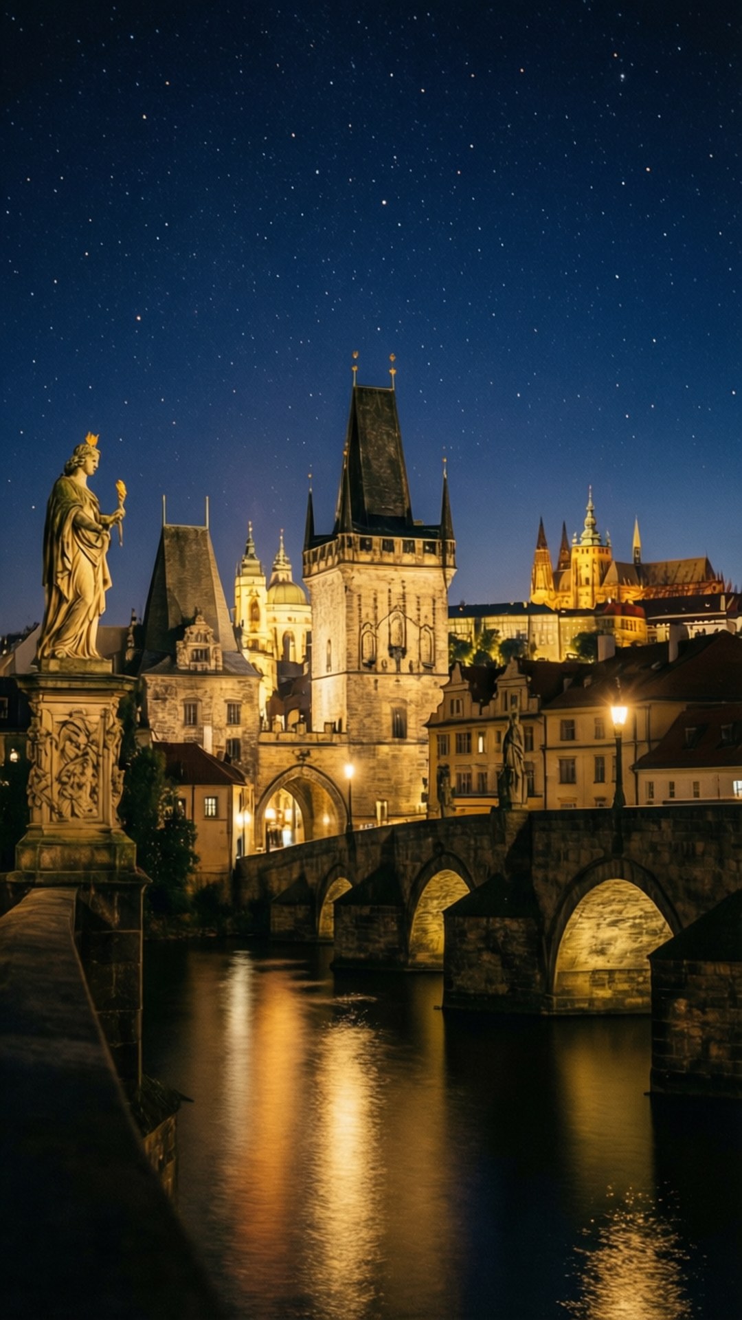 Charles Bridge, lit statues, stars, Full HD Phone Wallpaper