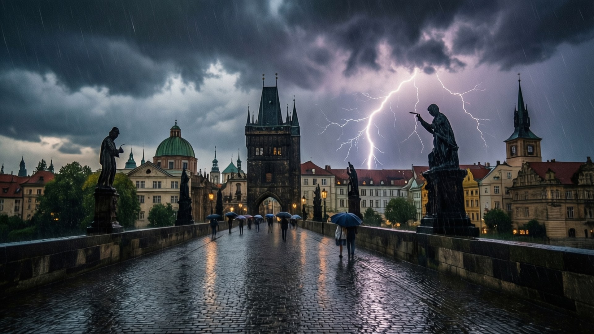 Charles Bridge, storm, thunderstorm, Full HD Desktop Wallpaper