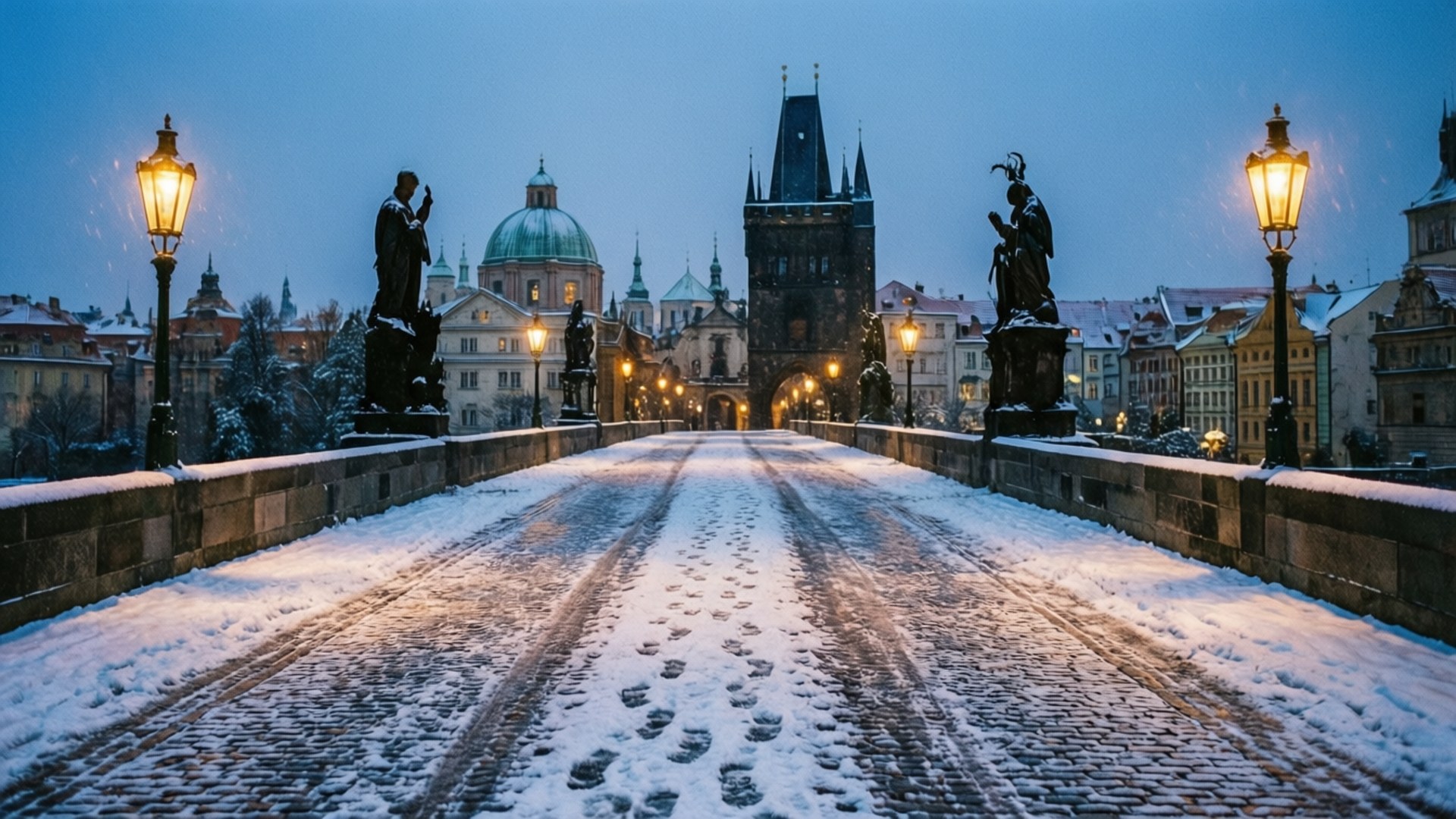 Charles Bridge, snowy evening, snow, Full HD Desktop Wallpaper