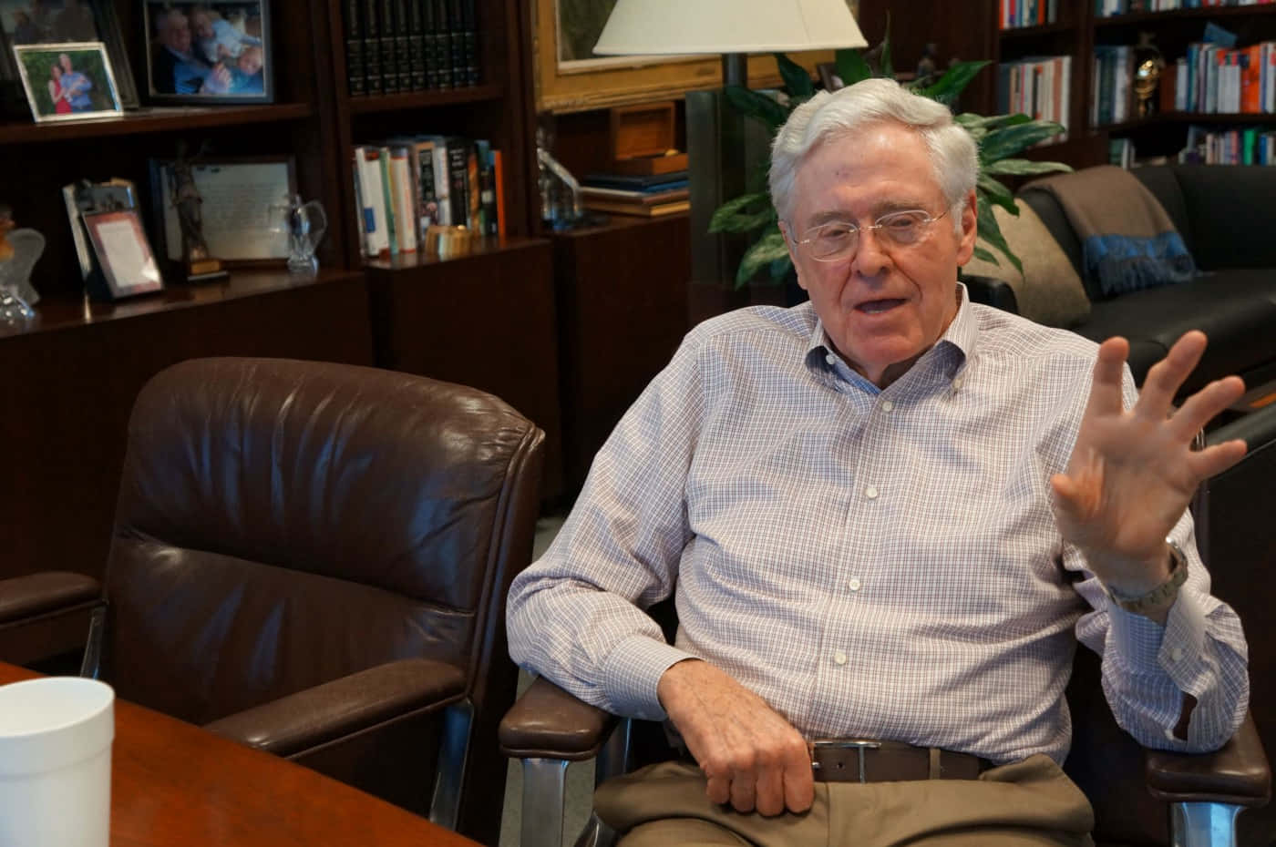 Charles G. Koch, leather chair, book-filled office, HD Desktop Wallpaper