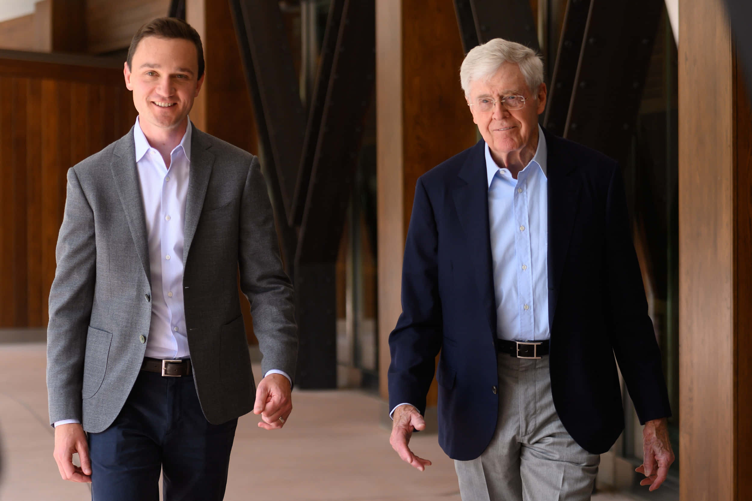 Charles G. Koch, business attire, modern wooden corridor, Full HD Desktop Wallpaper