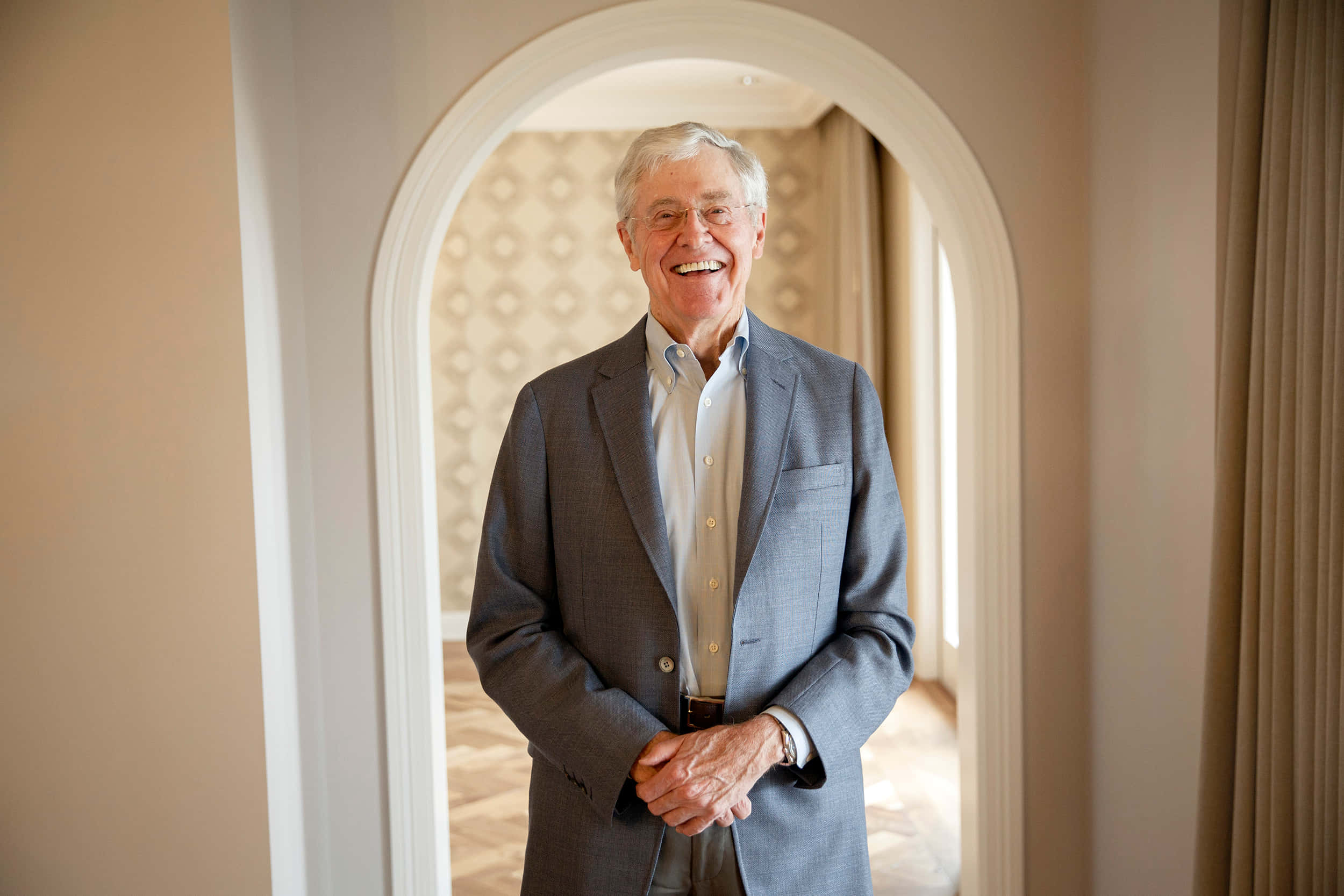 Charles G. Koch, white arched doorway, gray suit, Full HD Desktop Wallpaper